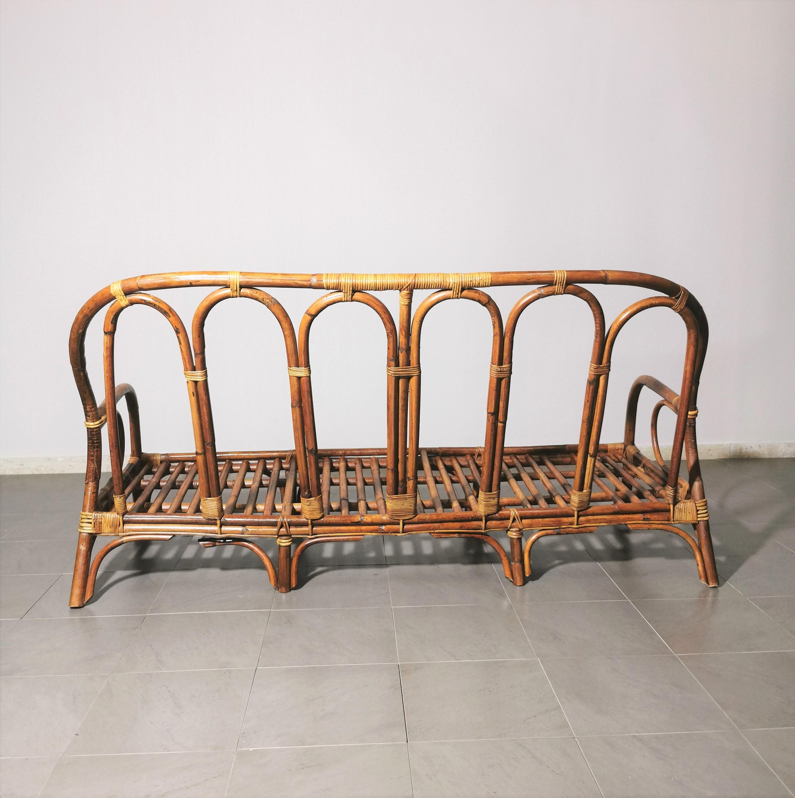 Midcentury Living Room Sofa Rattan Bamboo Large Curved Italian Design, 1970s 3