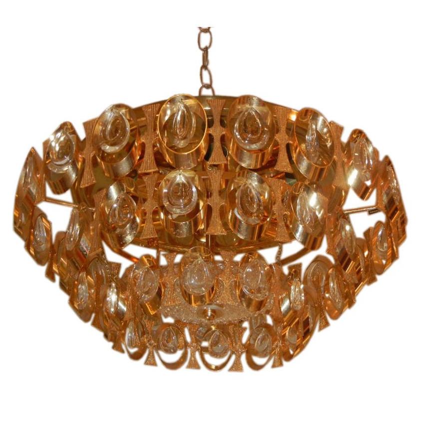 Midcentury Lobmeyr Flush Mount Brass and Crystal Chandelier For Sale