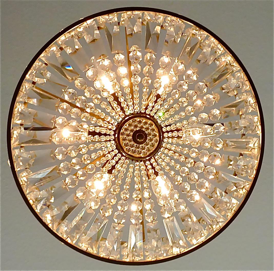 Midcentury Lobmeyr Style Drum Chandelier Patinated Brass Crystal Glass 1950s For Sale 3