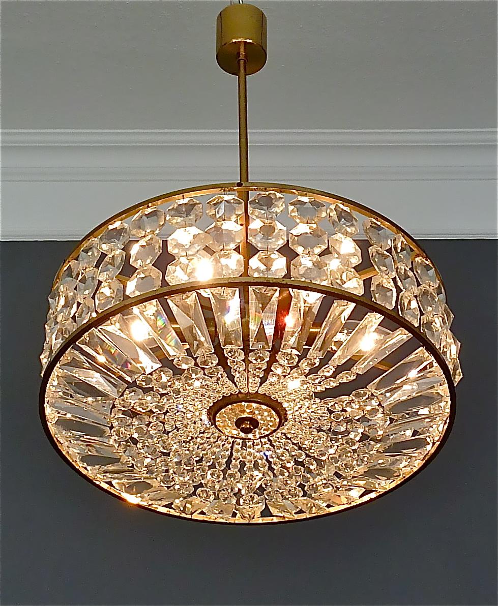 Midcentury Lobmeyr Style Drum Chandelier Patinated Brass Crystal Glass 1950s For Sale 6