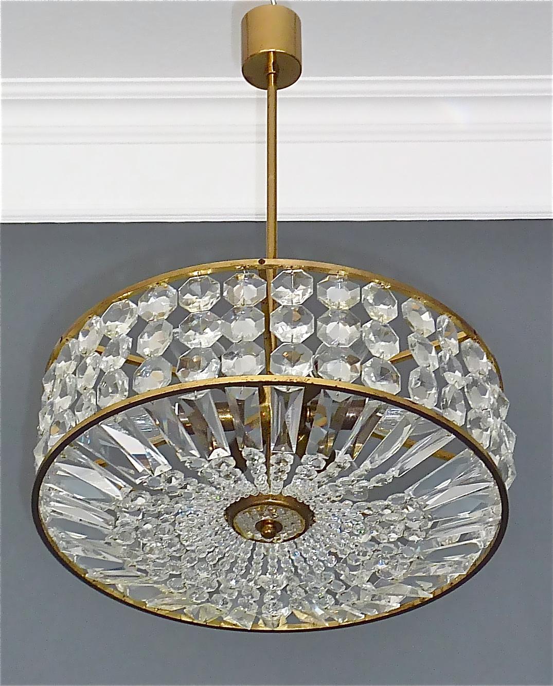 Midcentury Lobmeyr Style Drum Chandelier Patinated Brass Crystal Glass 1950s For Sale 7