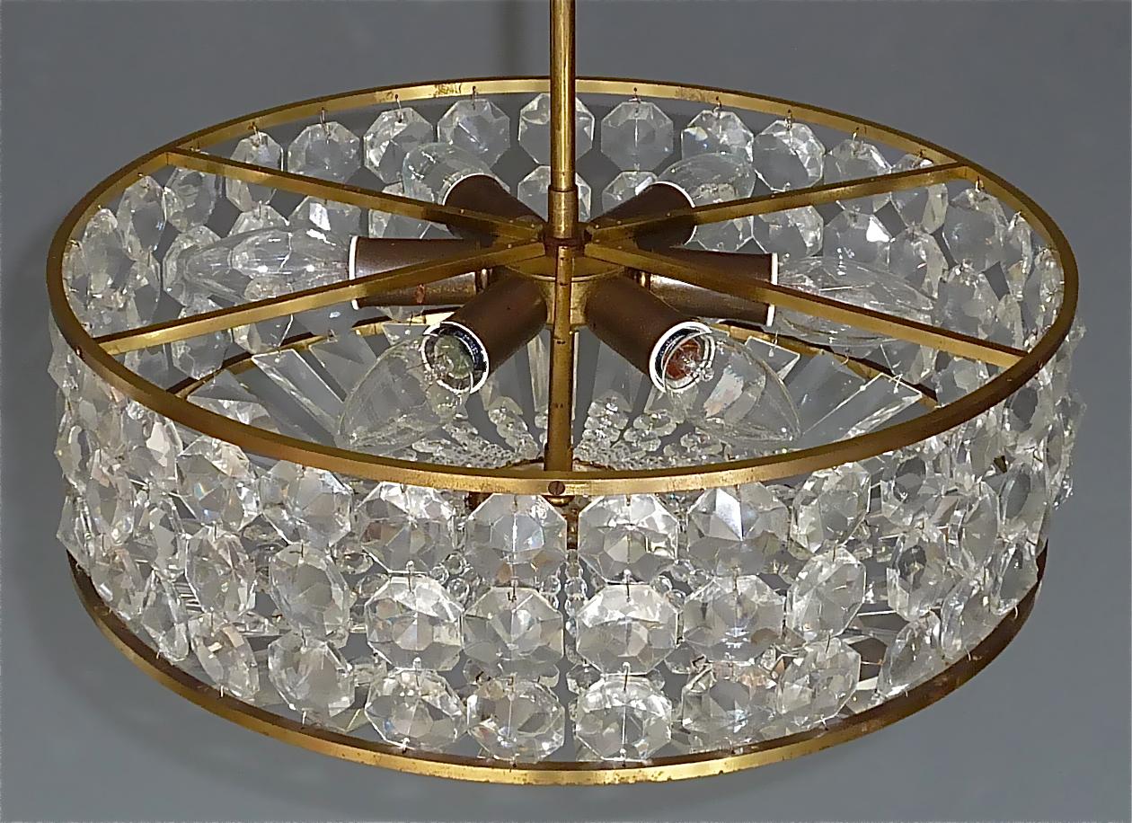 Mid-20th Century Midcentury Lobmeyr Style Drum Chandelier Patinated Brass Crystal Glass 1950s For Sale