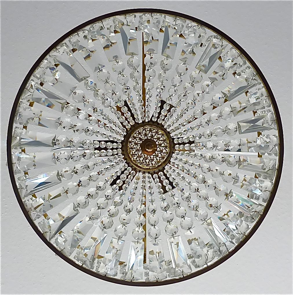 Midcentury Lobmeyr Style Drum Chandelier Patinated Brass Crystal Glass 1950s For Sale 2