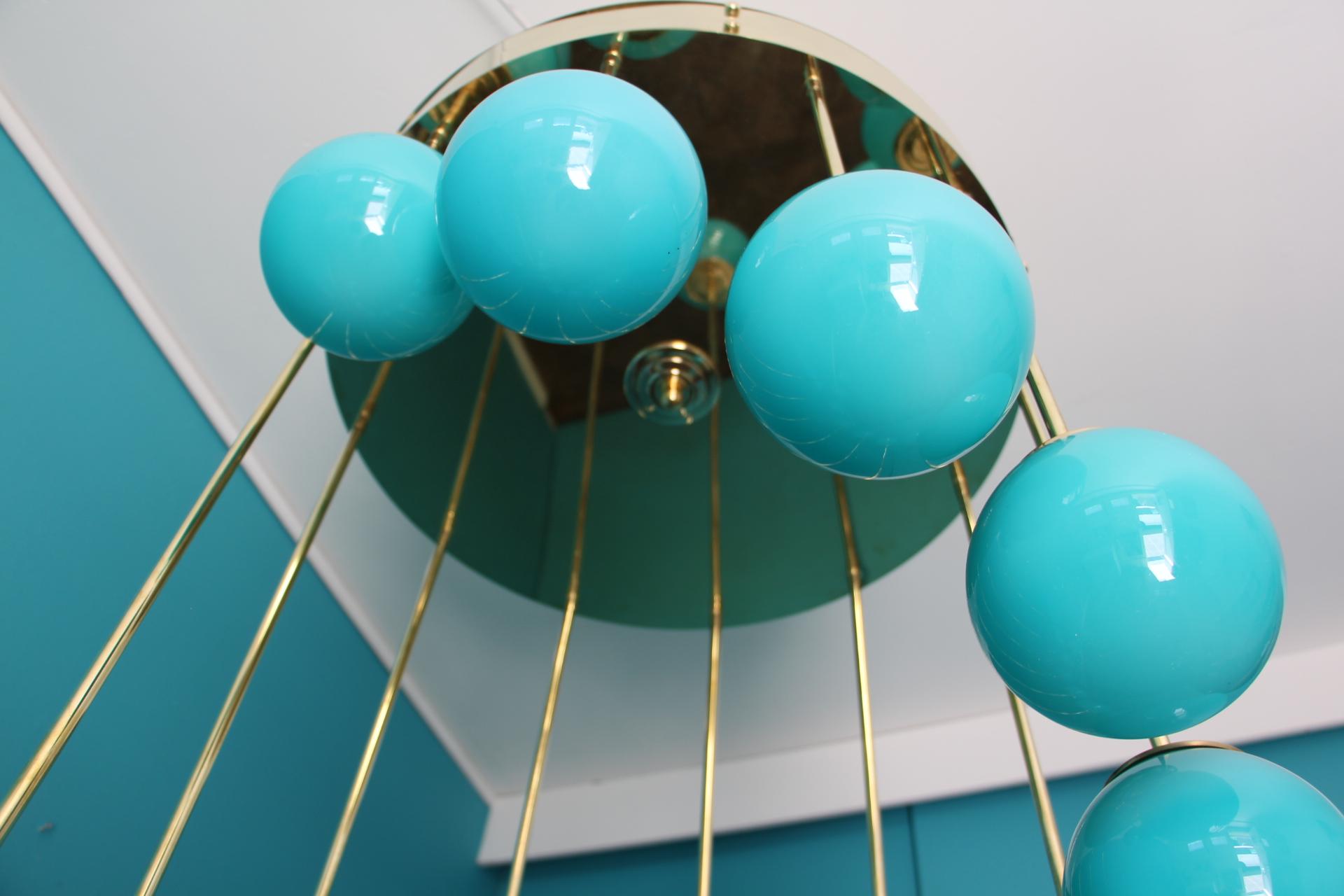 Midcentury Long Chandelier Turquoise Blue Murano Glass, Staircase Chandelier 3