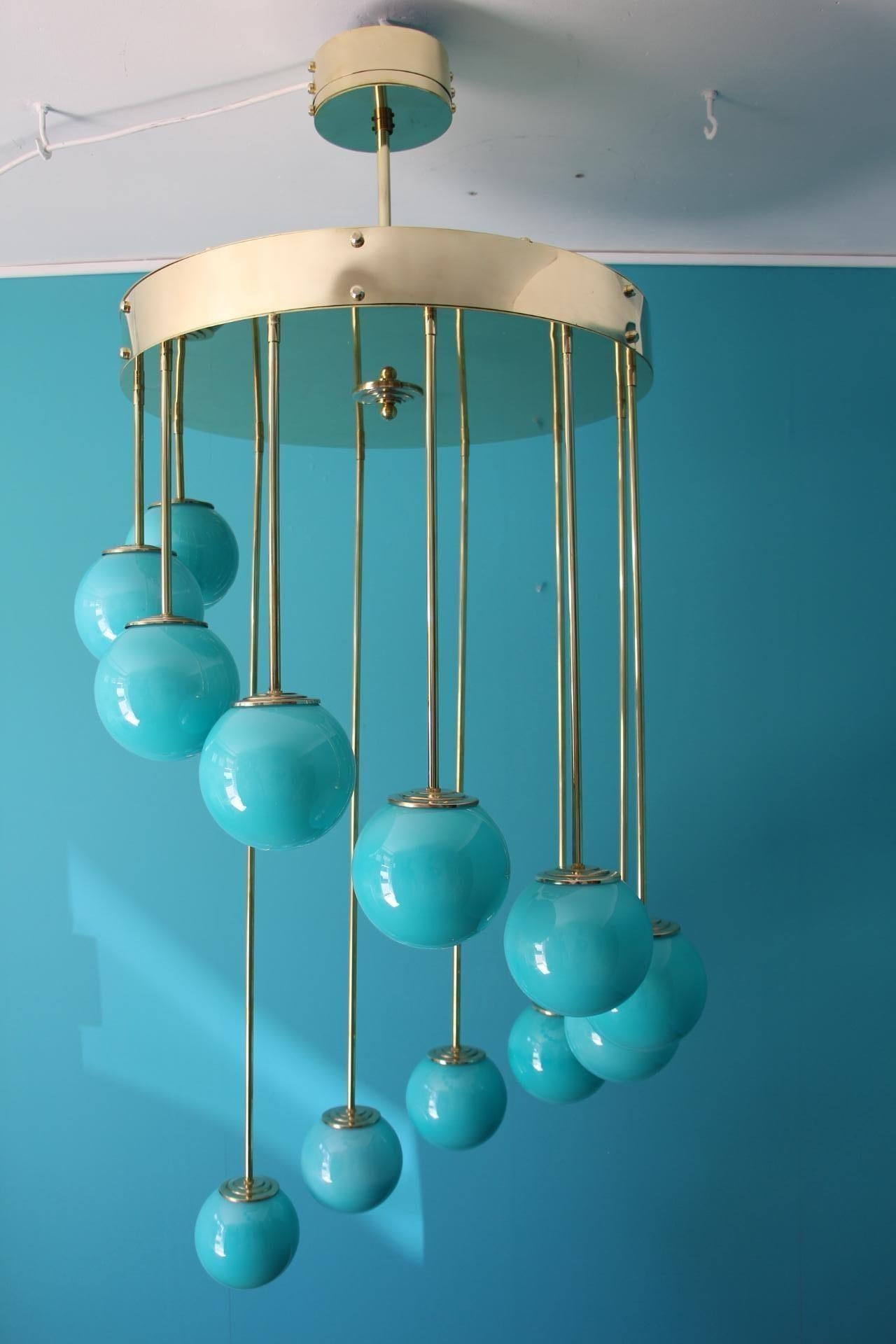 Midcentury Long Chandelier Turquoise Blue Murano Glass, Staircase Chandelier 10
