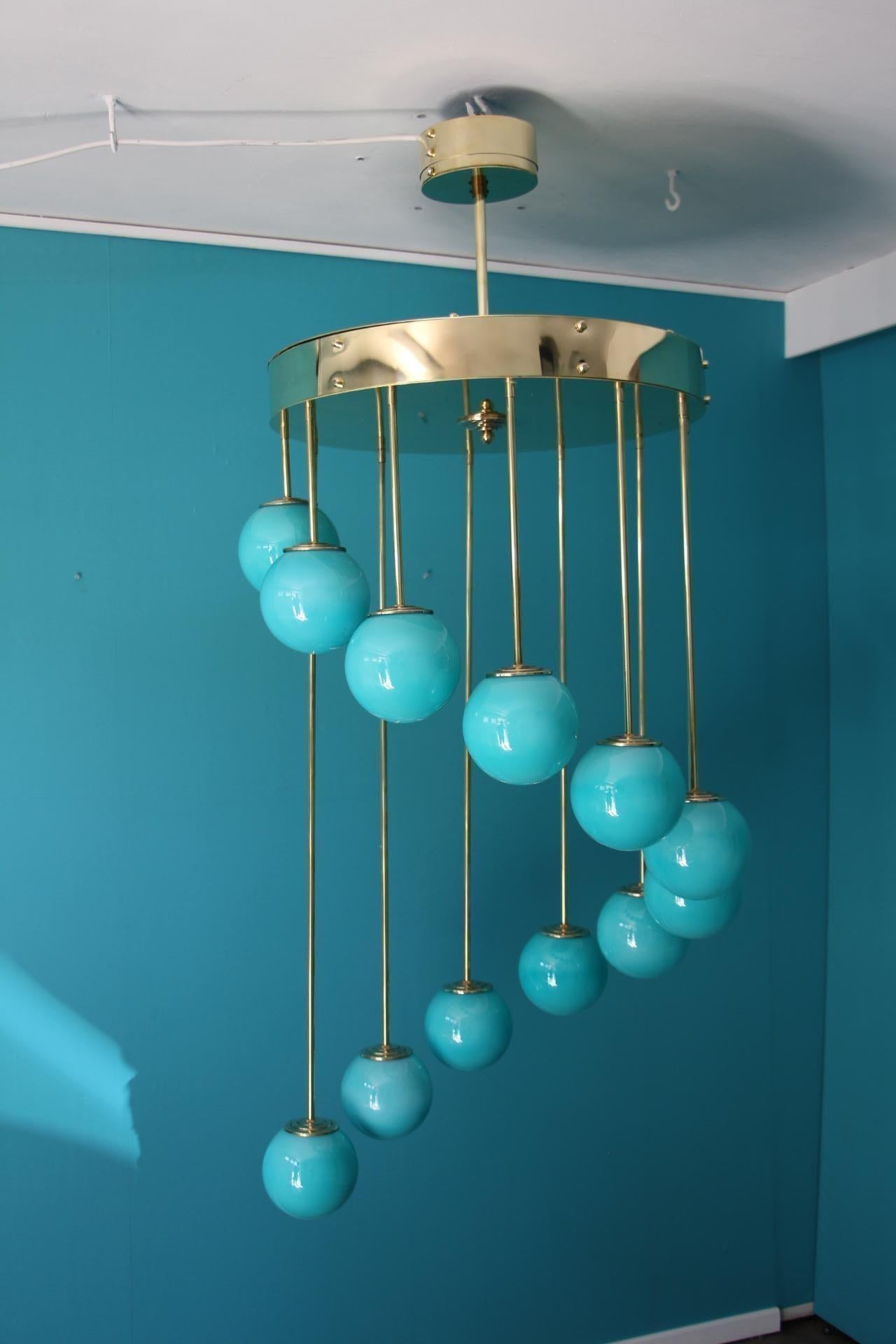 Mid-Century Modern Midcentury Long Chandelier Turquoise Blue Murano Glass, Staircase Chandelier