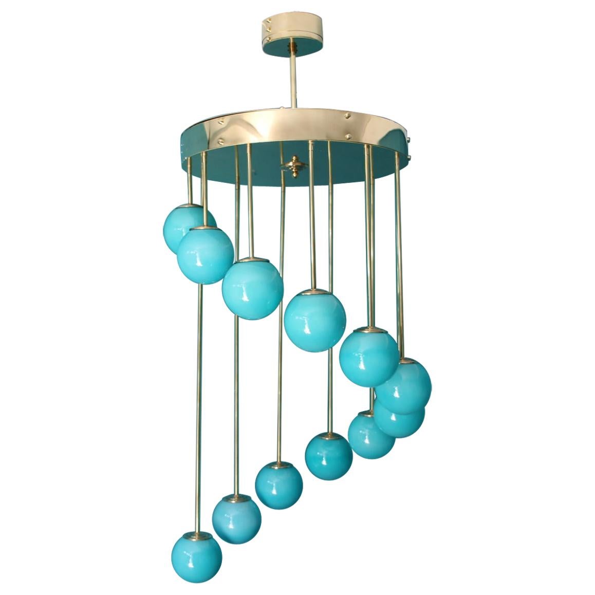 Midcentury Long Chandelier Turquoise Blue Murano Glass, Staircase Chandelier