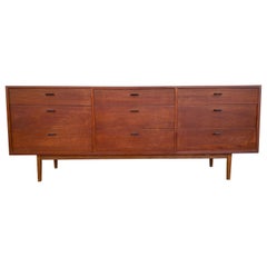 Midcentury Long Low Danish American Walnut Dresser Credenza with 9 Drawers