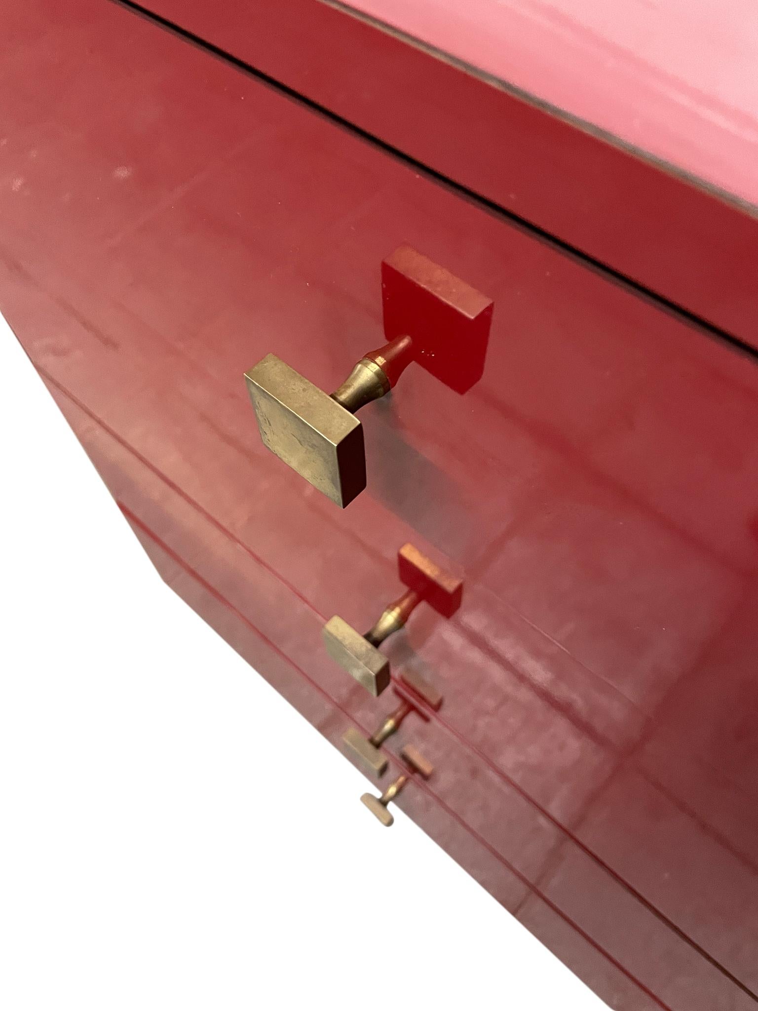 American Midcentury Long Red Gloss Brass Laminate Custom 10-Drawer Dresser Credenza