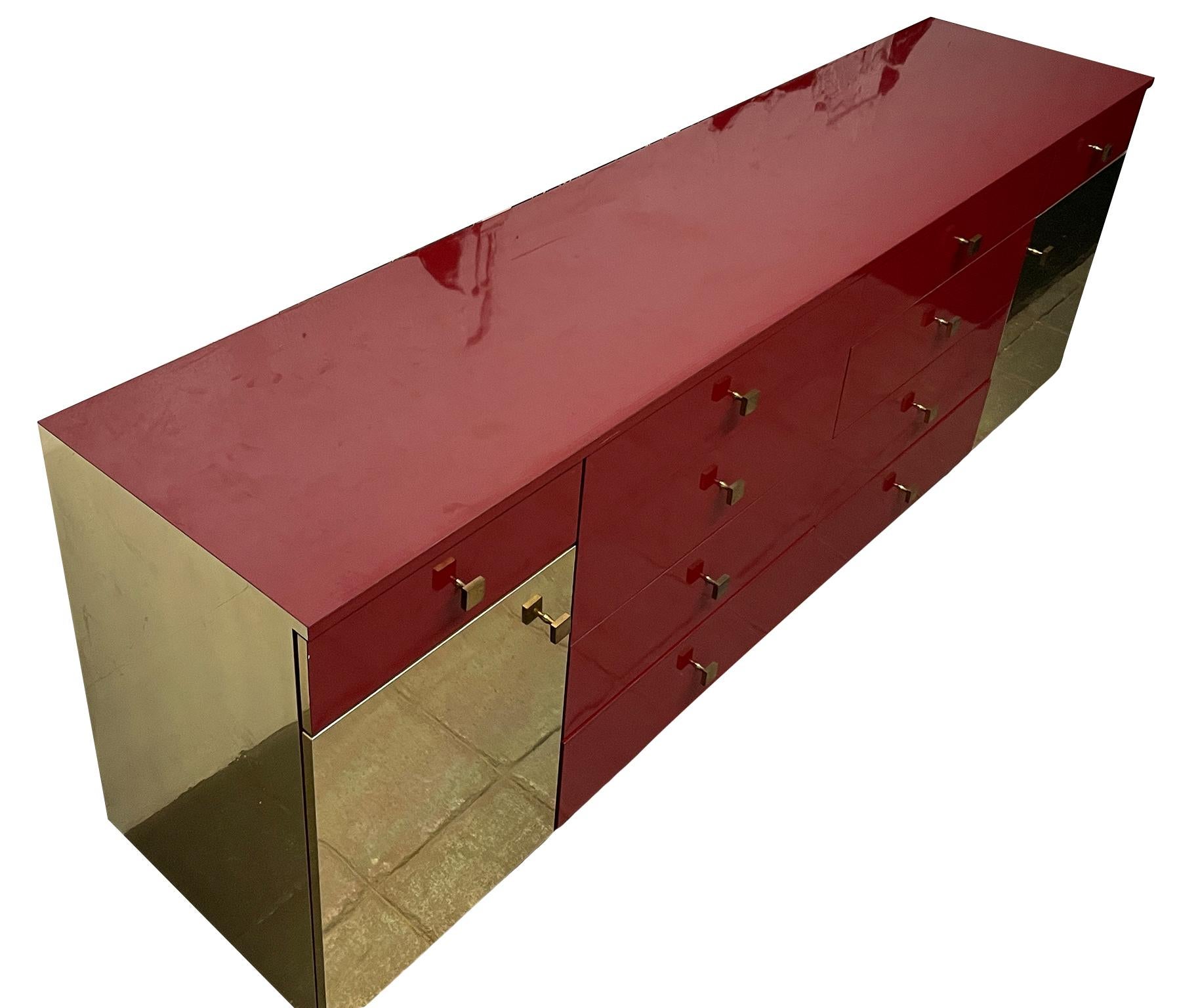 Midcentury Long Red Gloss Brass Laminate Custom 10-Drawer Dresser Credenza 2