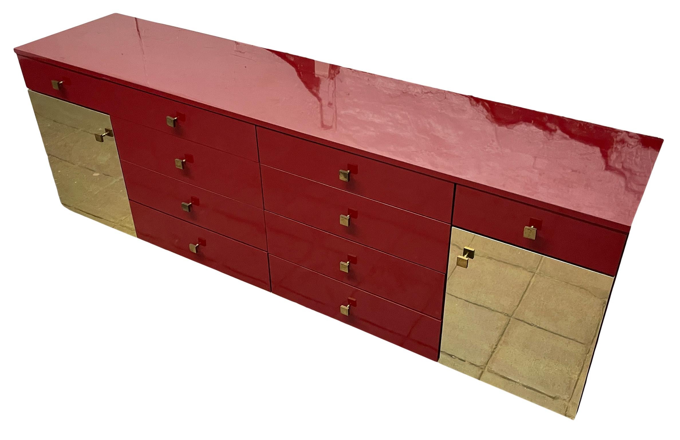 Midcentury Long Red Gloss Brass Laminate Custom 10-Drawer Dresser Credenza 3