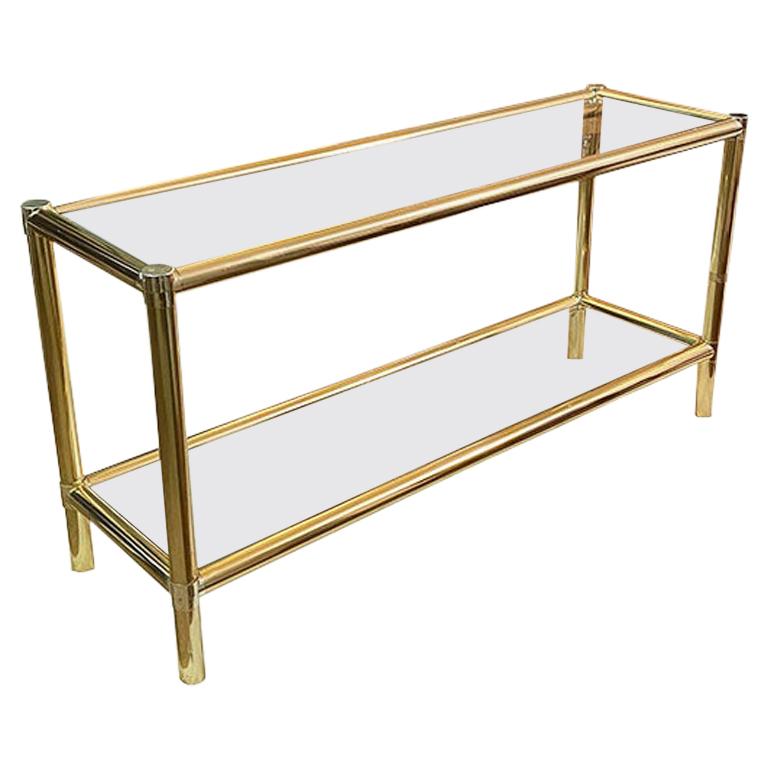 Midcentury Long Retro Brass Glass Sofa Table or Console Table with Double Shelf For Sale