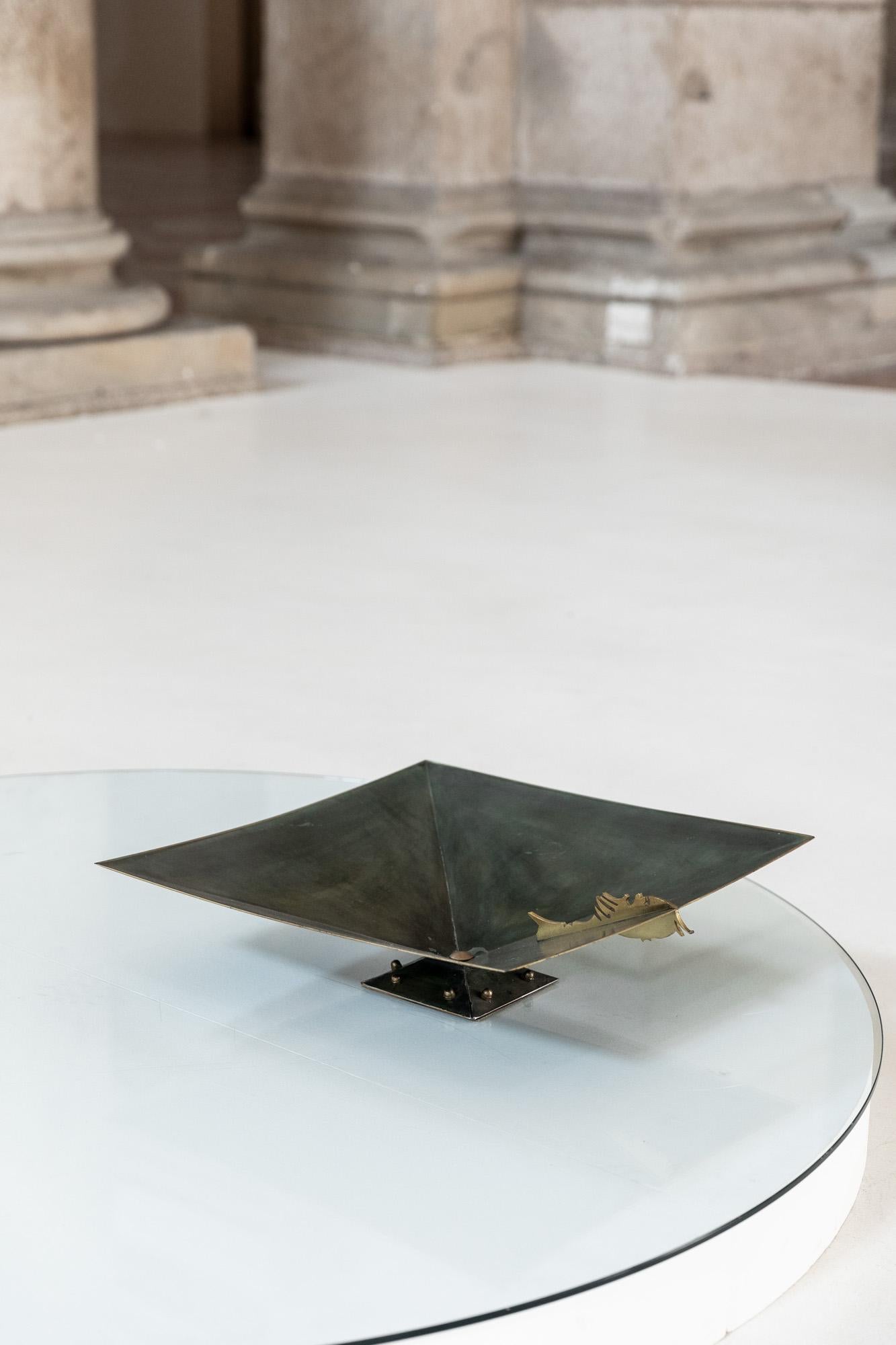 Rare centerpiece designed by Lorenzo Burchiellaro for friend's family.
Elegant squared metal sculpture with glamorous brass details.
It's published on private collection book ( photo) in Padova.
