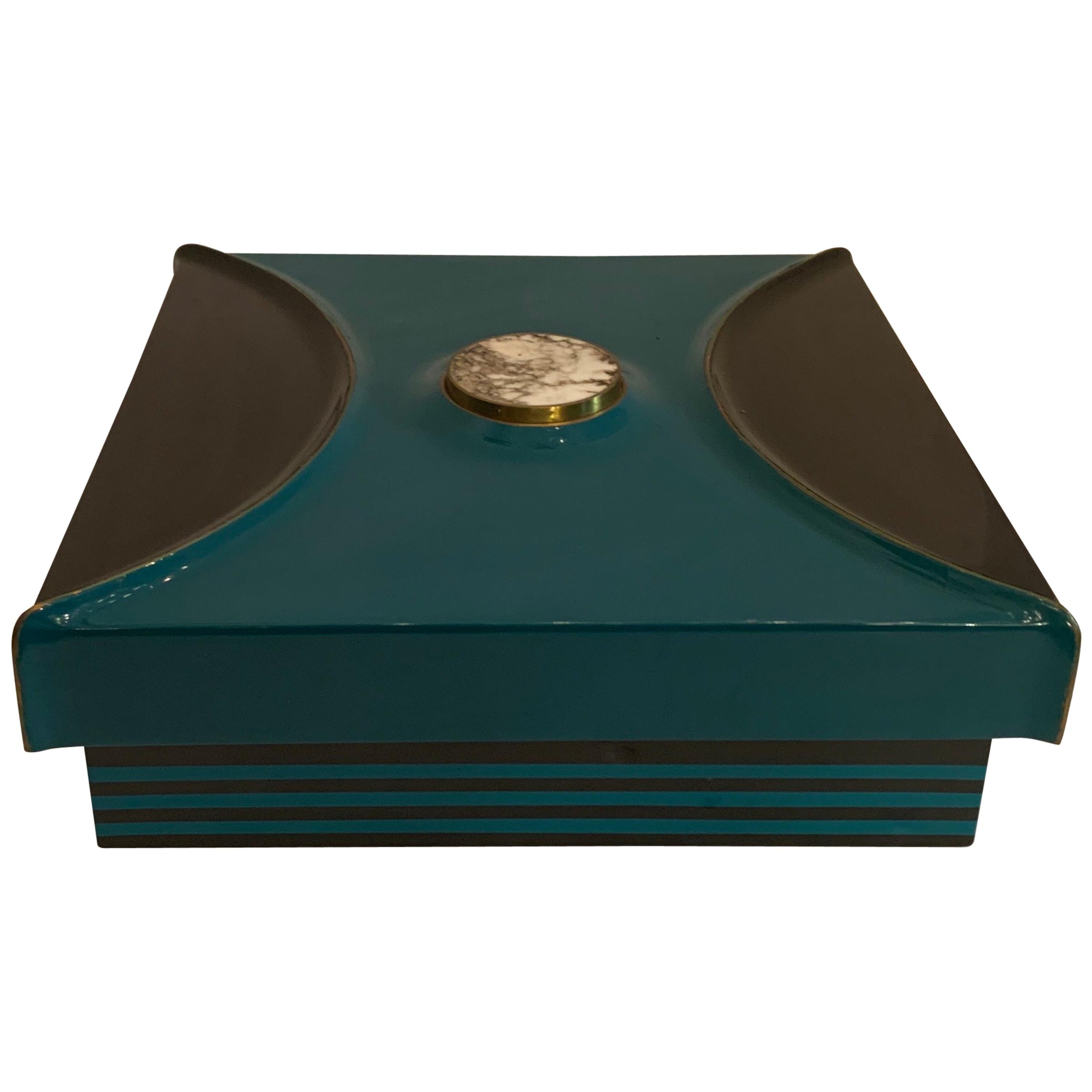 Midcentury Lorin Marsh Lacquered Brass Howlite Semi Precious Stone Leather Box For Sale