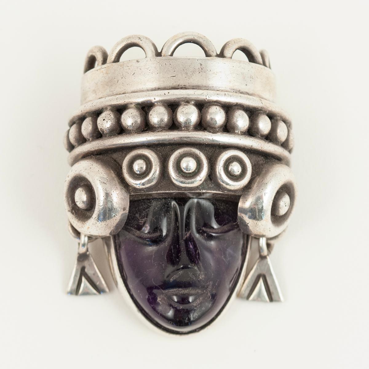 Hand-Crafted Midcentury Los Ballesteros Taxco Mexico Silver and Amethyst Aztec Head Brooch