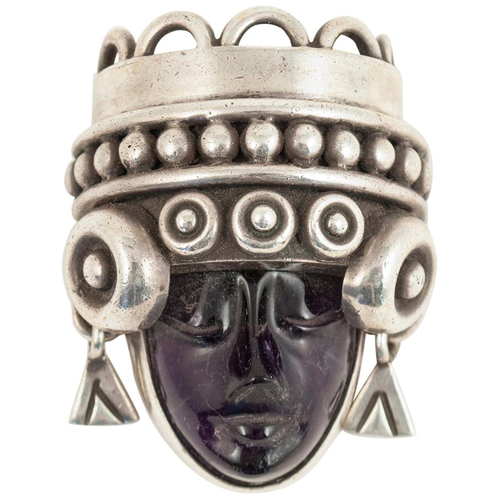 Midcentury Los Ballesteros Taxco Mexico Silver and Amethyst Aztec Head Brooch