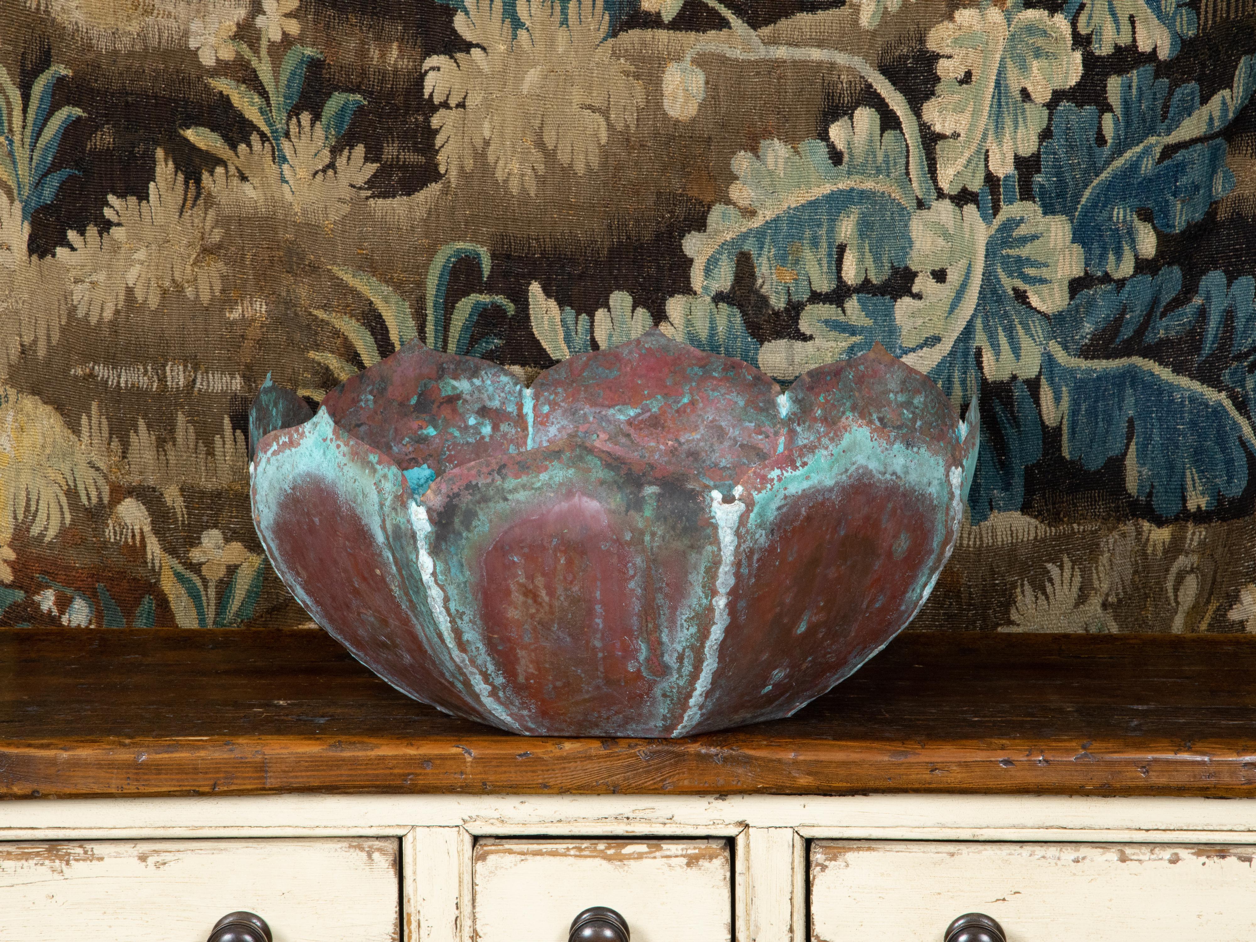 Patinated Midcentury Lotus Flower Shaped Decorative Copper Bowl with Verdigris Patina