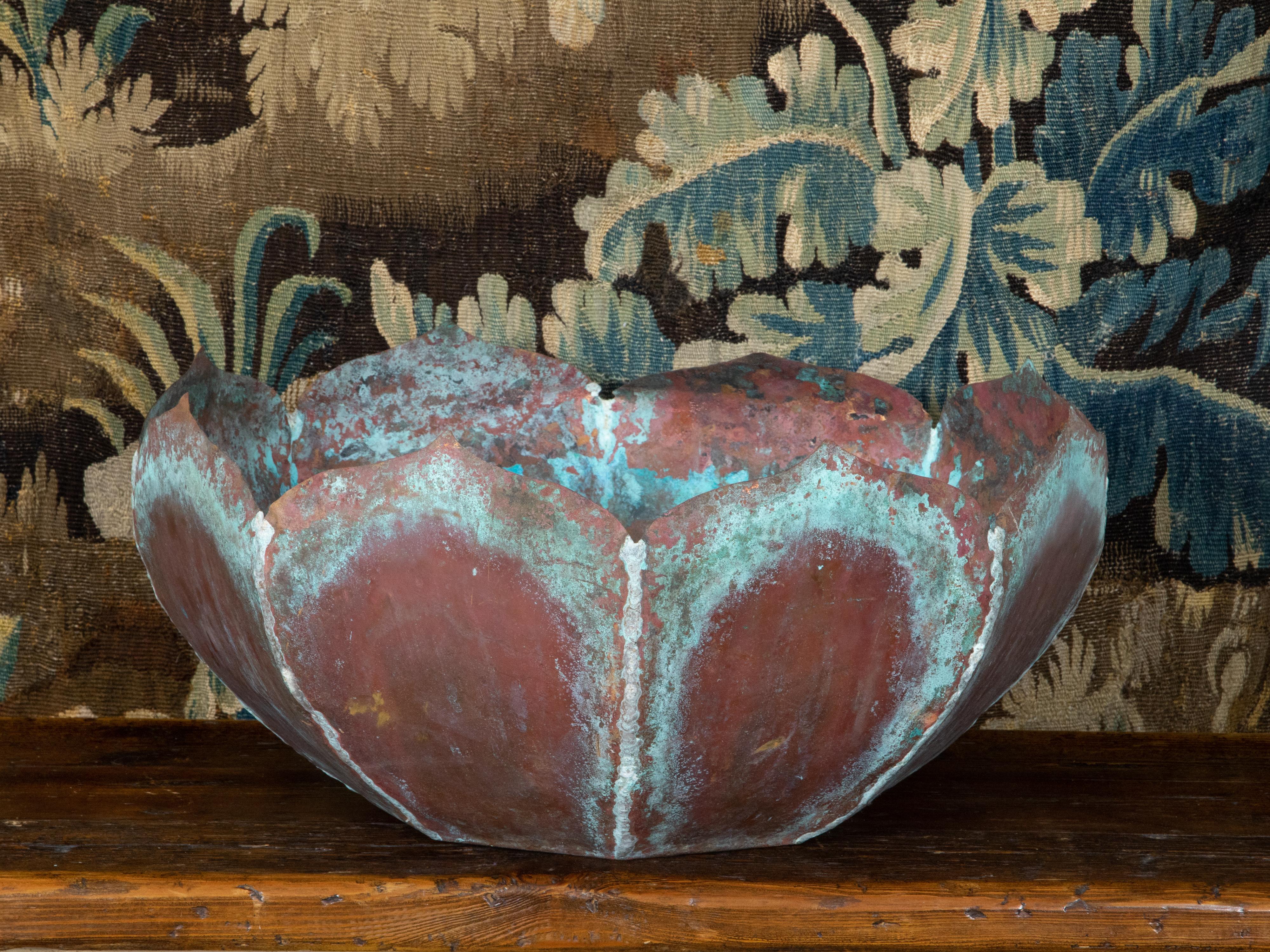 Midcentury Lotus Flower Shaped Decorative Copper Bowl with Verdigris Patina In Good Condition In Atlanta, GA