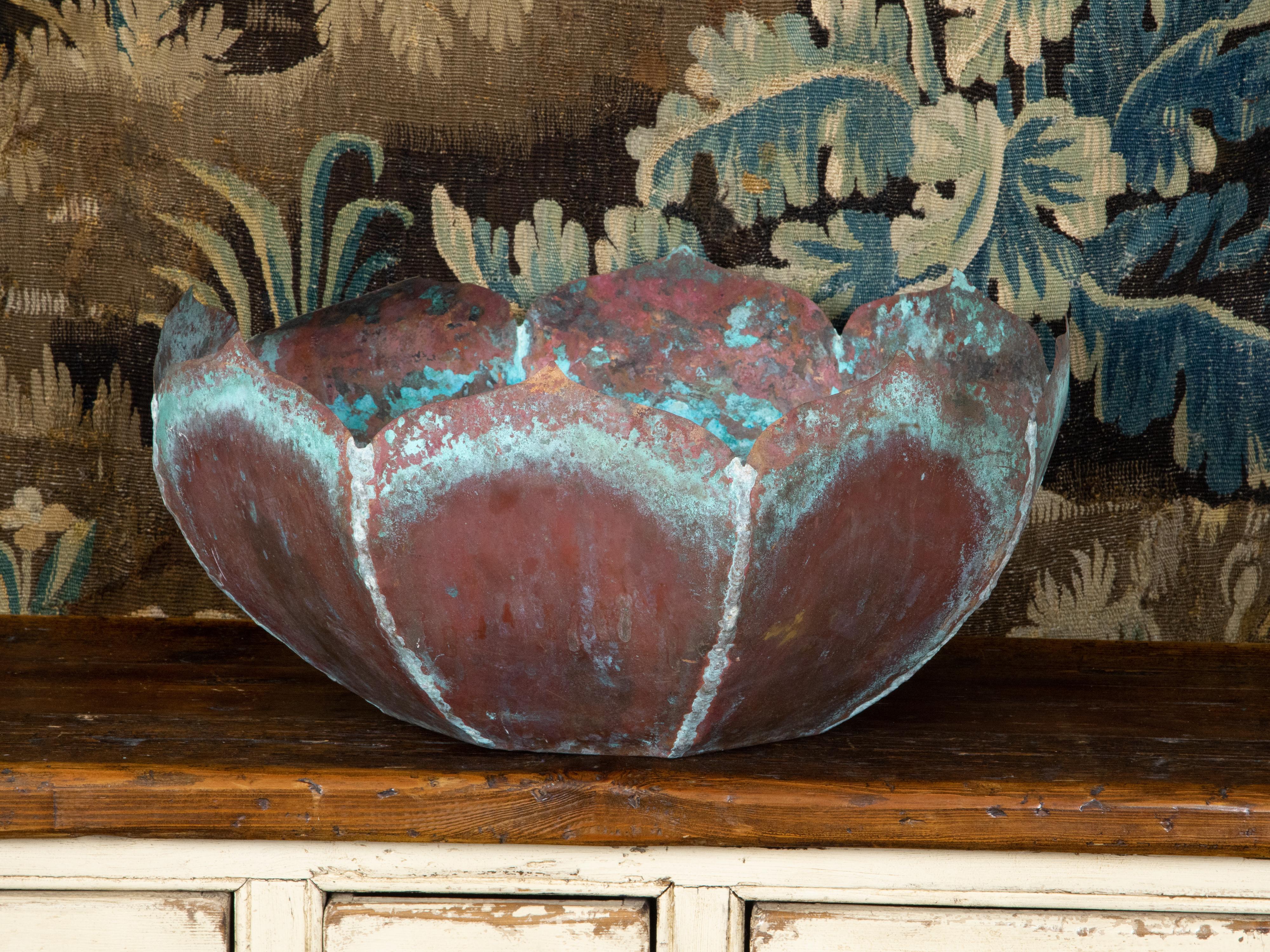 20th Century Midcentury Lotus Flower Shaped Decorative Copper Bowl with Verdigris Patina