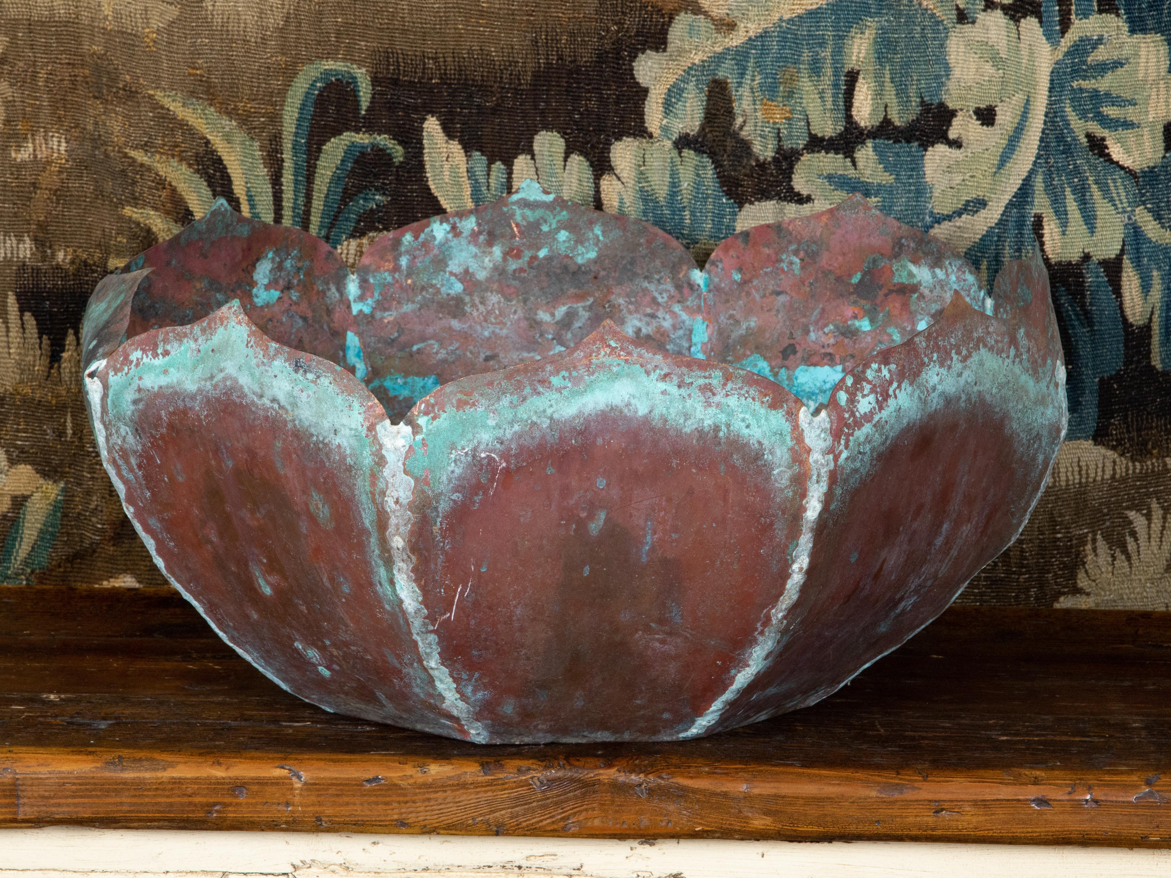 Midcentury Lotus Flower Shaped Decorative Copper Bowl with Verdigris Patina 1