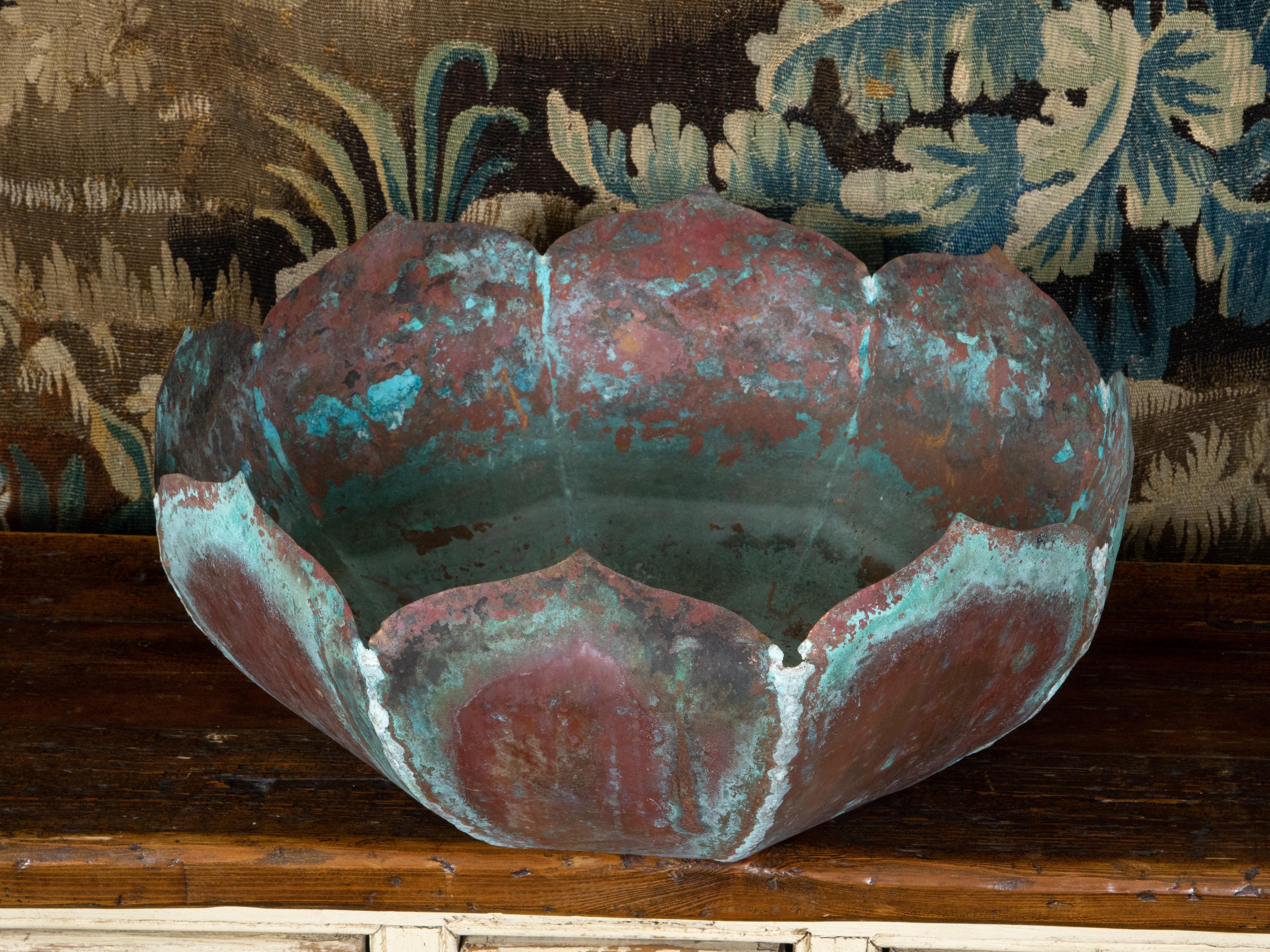 Midcentury Lotus Flower Shaped Decorative Copper Bowl with Verdigris Patina 2