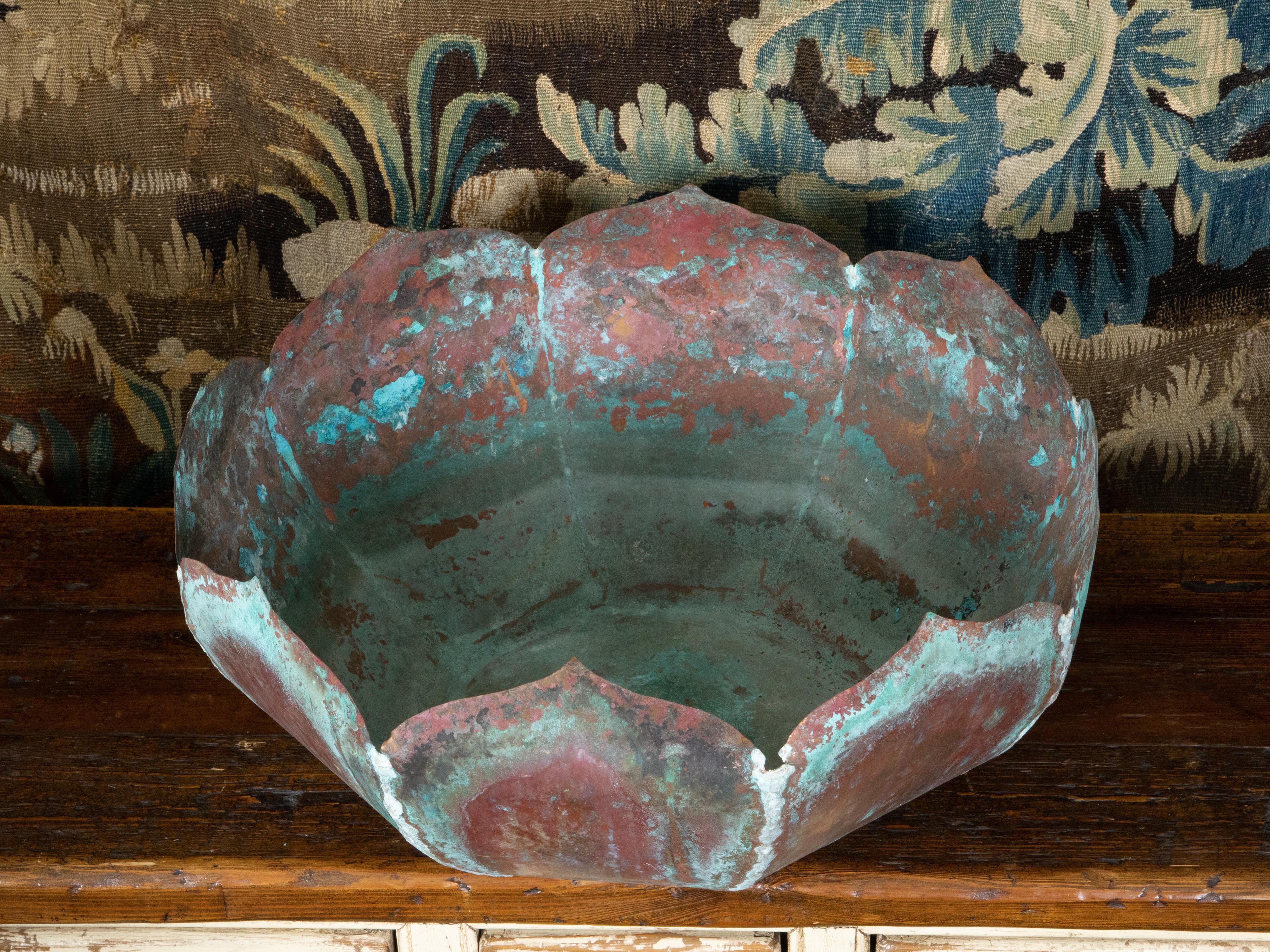 Midcentury Lotus Flower Shaped Decorative Copper Bowl with Verdigris Patina 3
