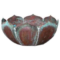 Vintage Midcentury Lotus Flower Shaped Decorative Copper Bowl with Verdigris Patina