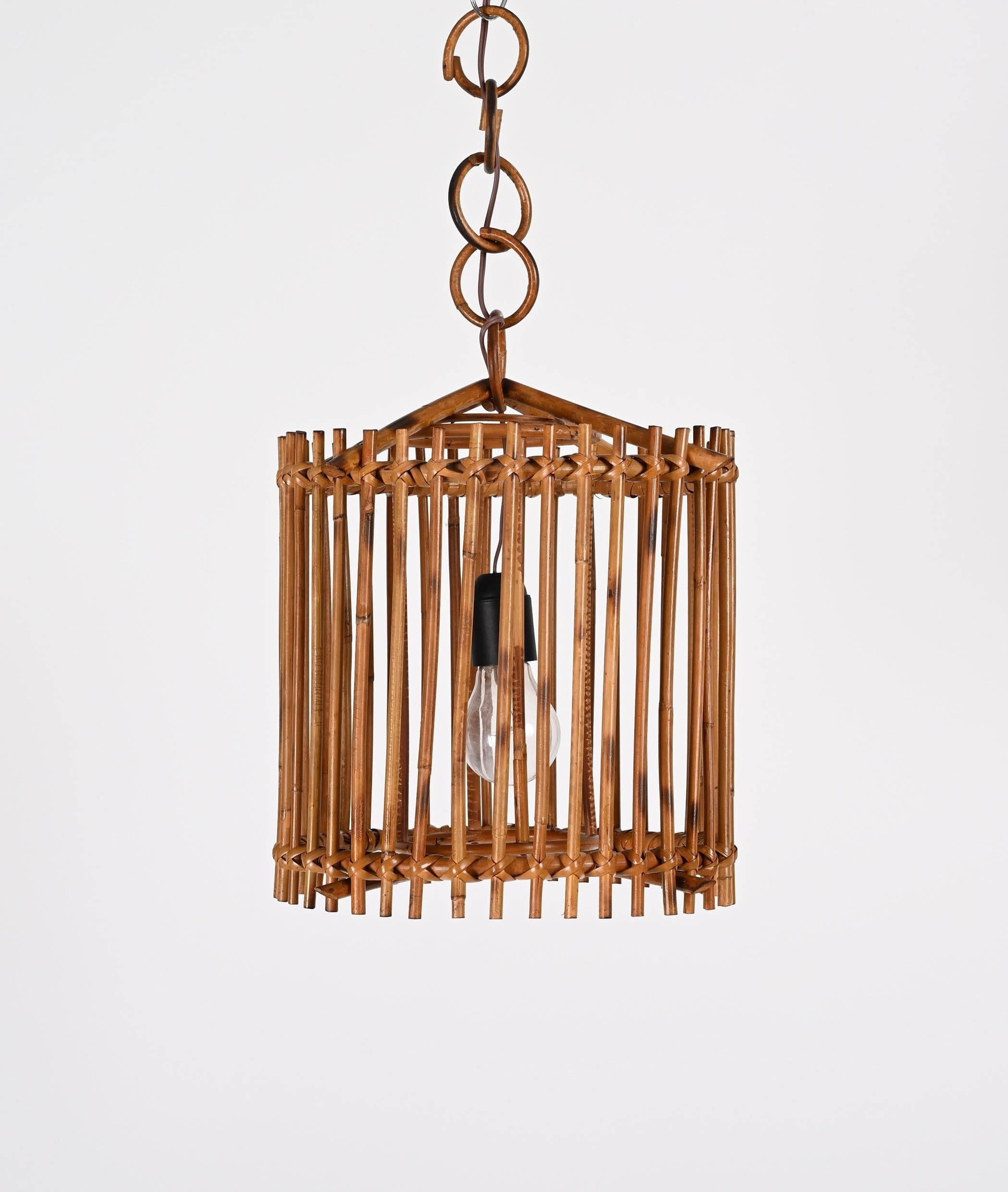 Mid-Century Louis Sognot Bamboo Cane and Rattan French Round Chandelier, 1960s For Sale 6