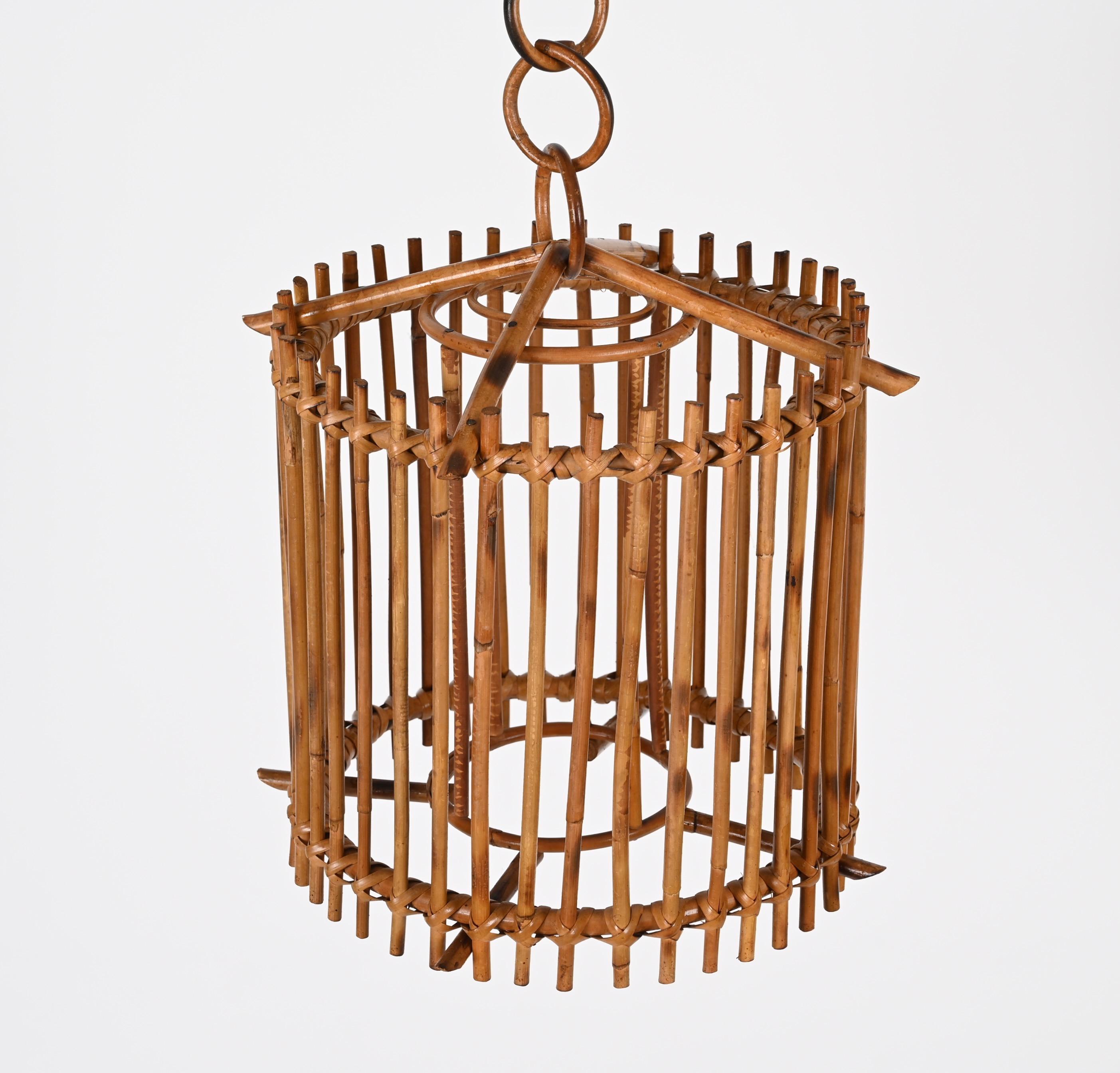 Mid-Century Louis Sognot Bamboo Cane and Rattan French Round Chandelier, 1960s For Sale 7