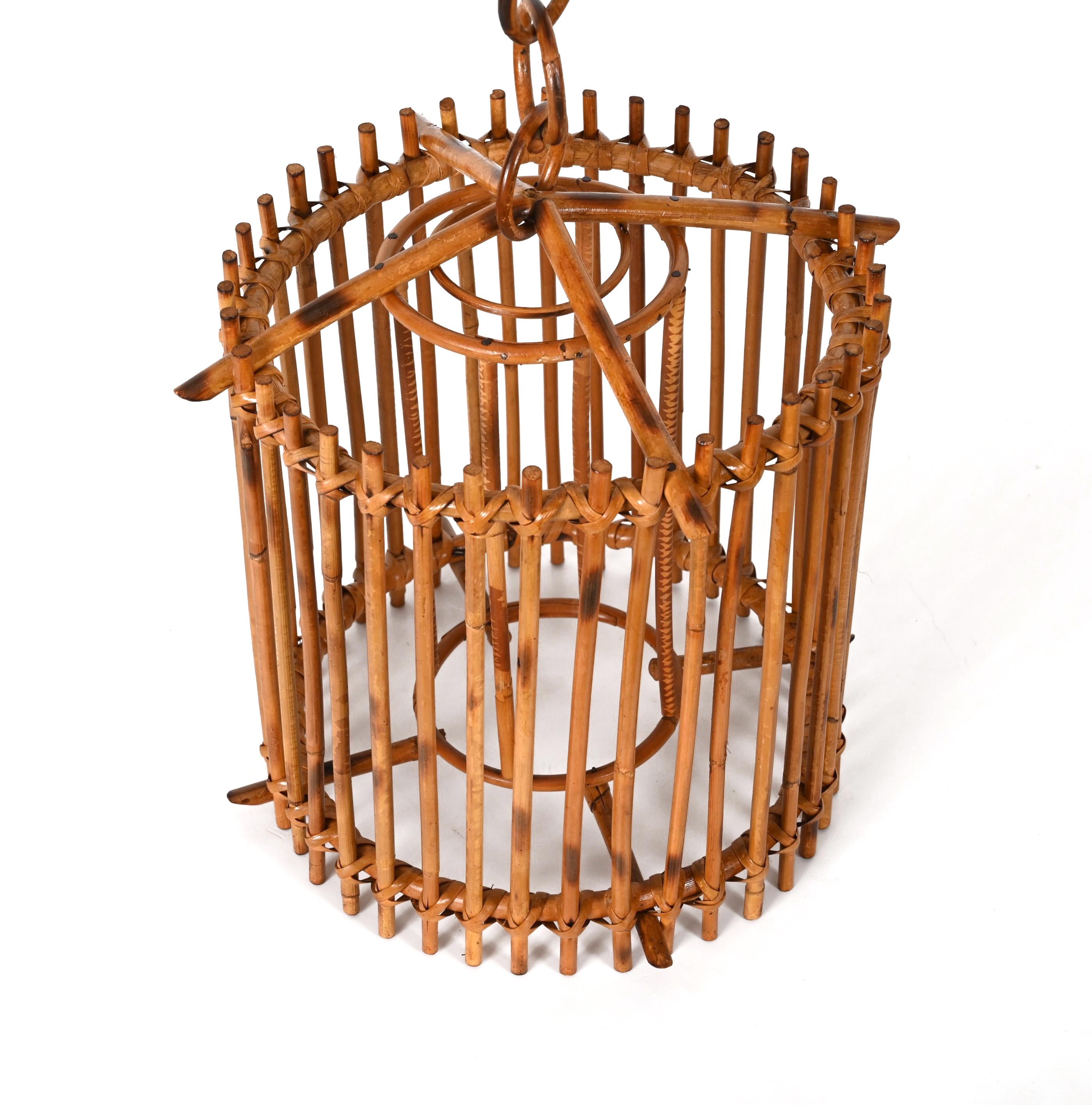 Mid-Century Louis Sognot Bamboo Cane and Rattan French Round Chandelier, 1960s For Sale 10