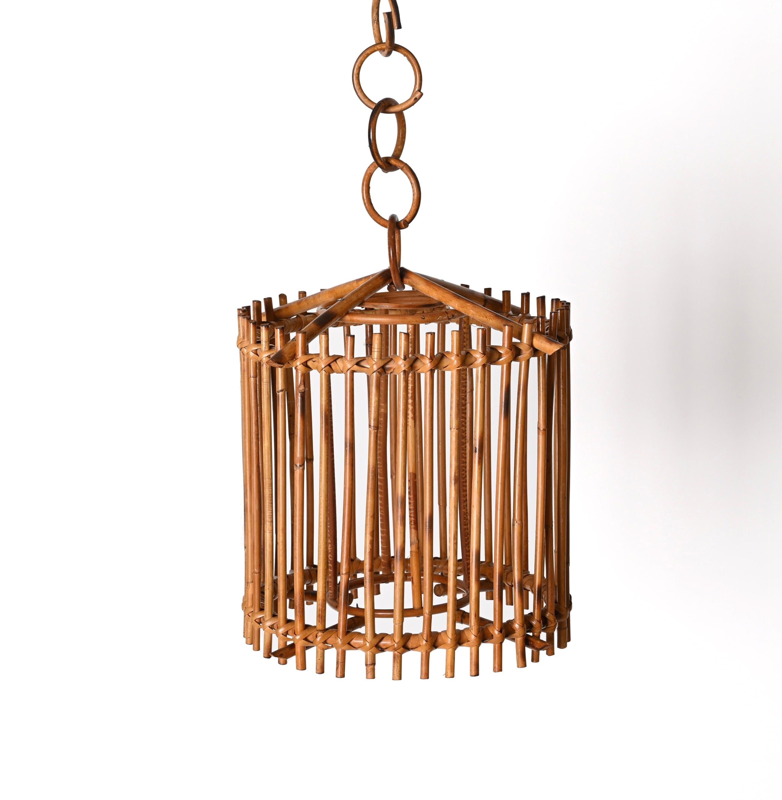 Mid-Century Louis Sognot Bamboo Cane and Rattan French Round Chandelier, 1960s For Sale 13