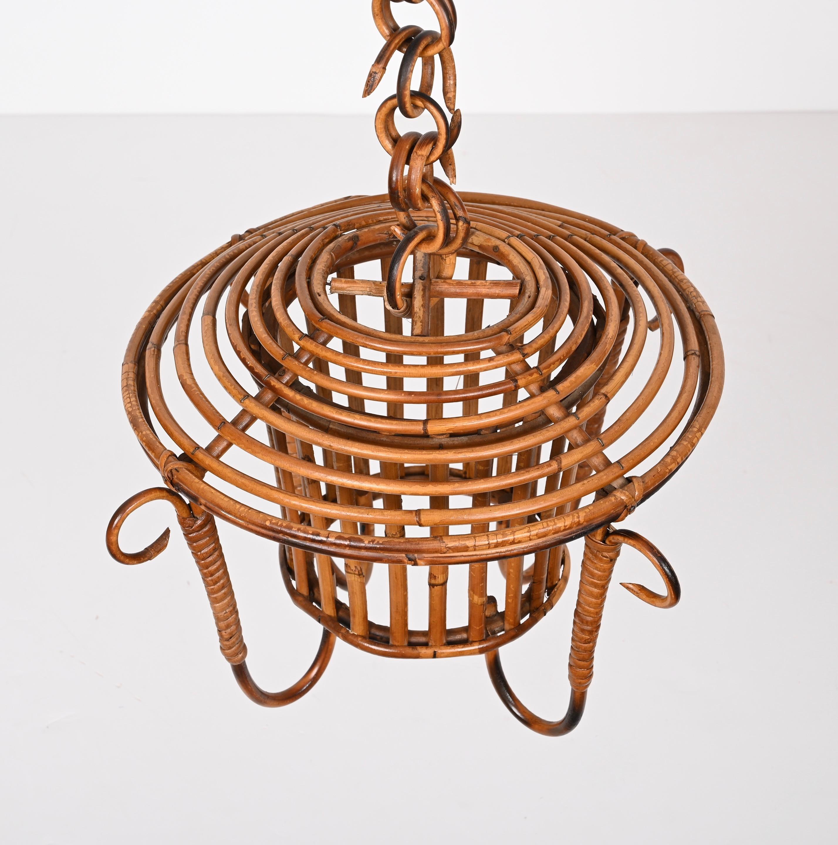 Midcentury Louis Sognot Bamboo Cane and Rattan French Round Chandelier, 1960s 13