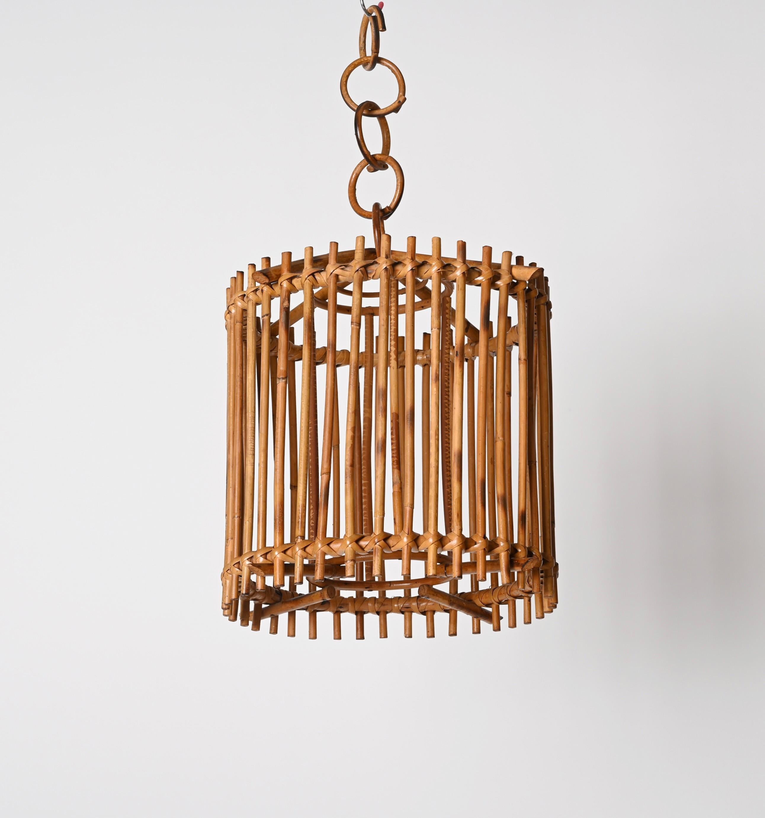 Mid-Century Louis Sognot Bamboo Cane and Rattan French Round Chandelier, 1960s For Sale 14
