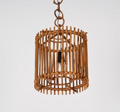 Mid-Century Louis Sognot Bamboo Cane and Rattan French Round Chandelier, 1960s