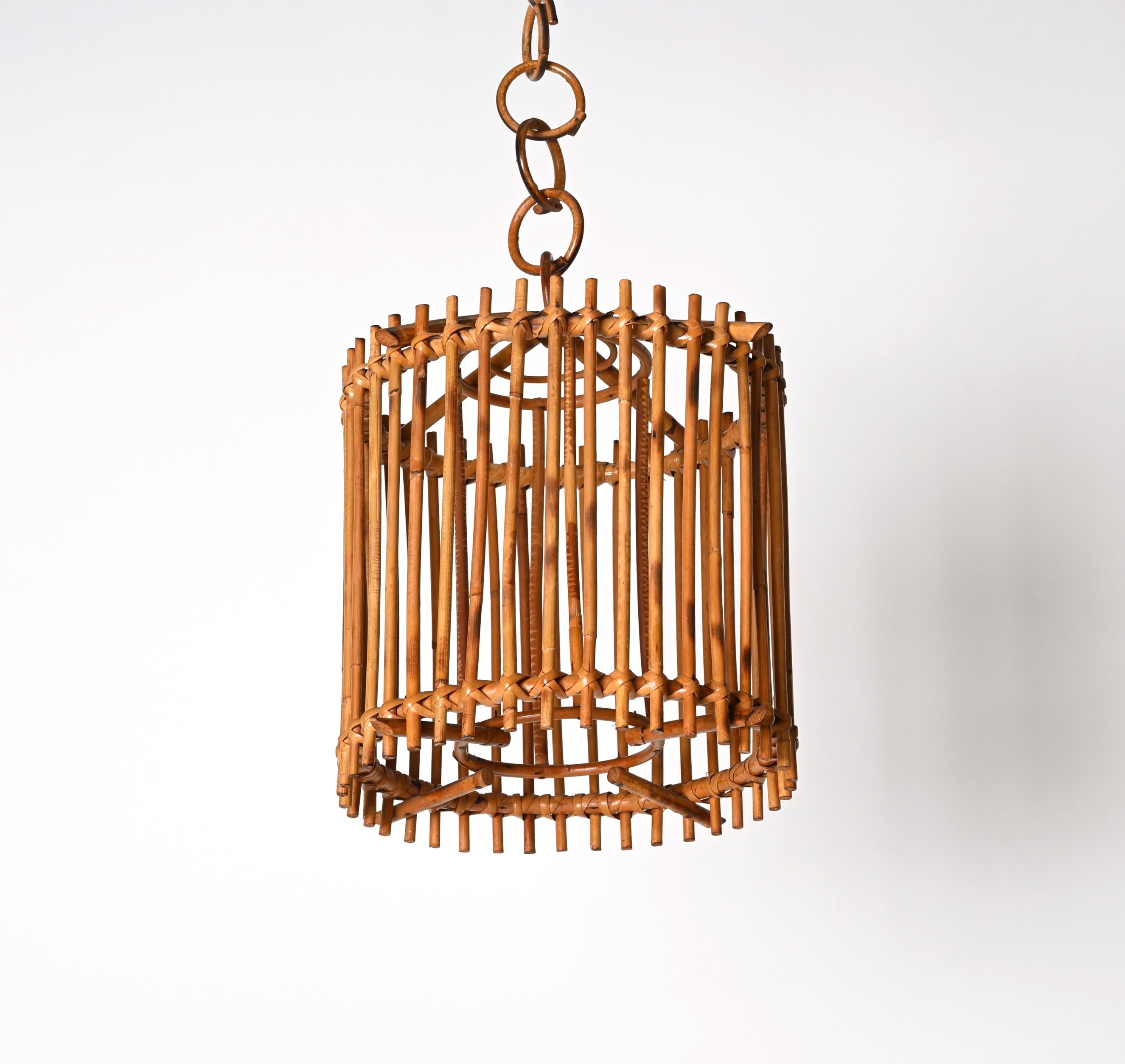 Mid-Century Louis Sognot Bamboo Cane and Rattan French Round Chandelier, 1960s For Sale 15