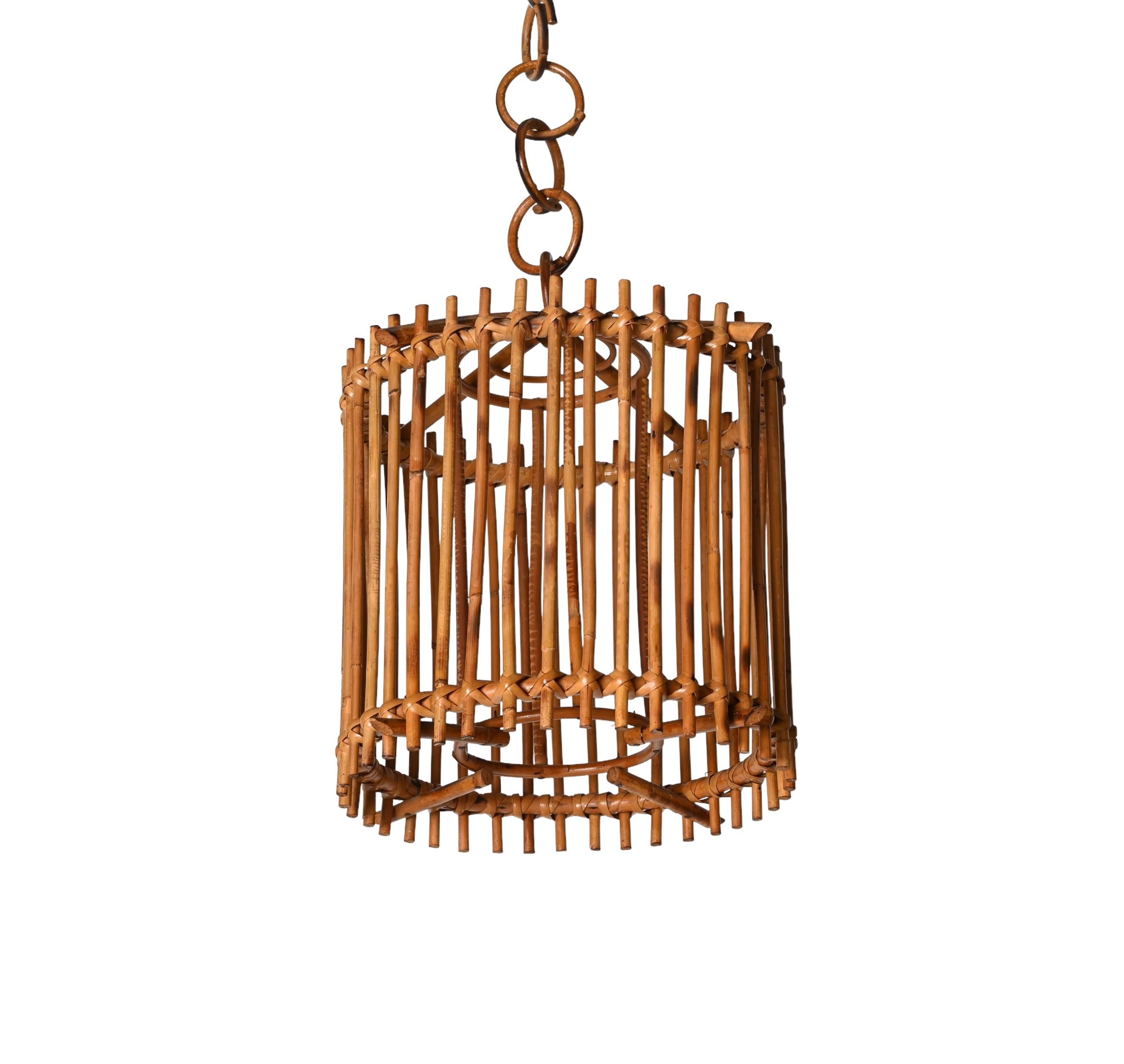 Mid-Century Modern Mid-Century Louis Sognot Bamboo Cane and Rattan French Round Chandelier, 1960s For Sale