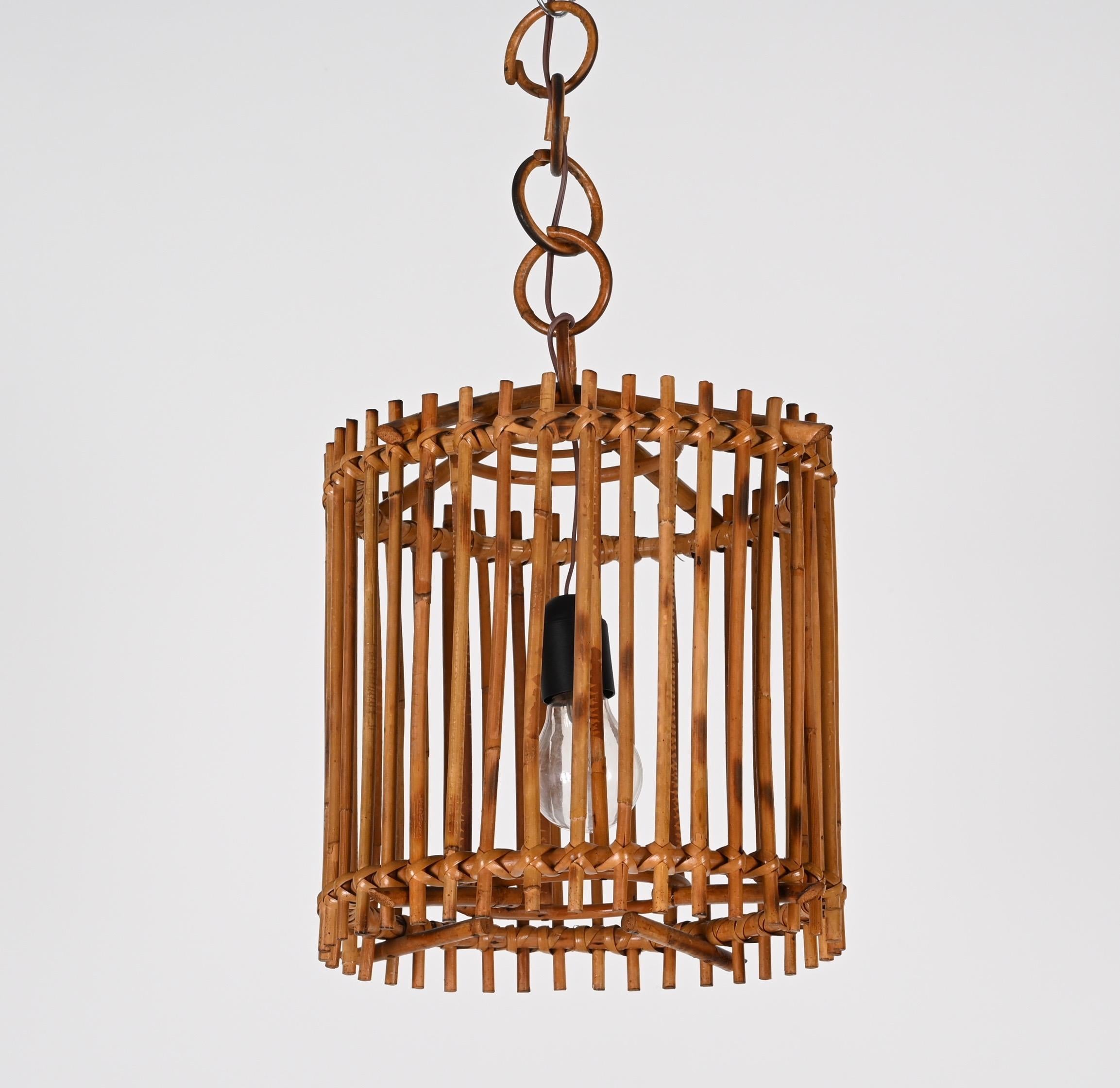 Mid-20th Century Mid-Century Louis Sognot Bamboo Cane and Rattan French Round Chandelier, 1960s For Sale