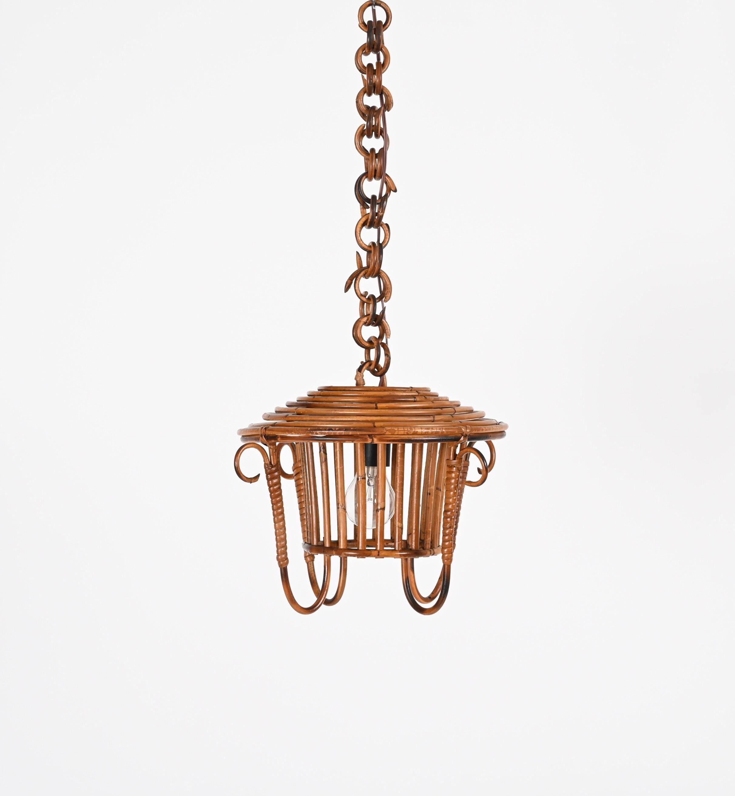 Mid-20th Century Midcentury Louis Sognot Bamboo Cane and Rattan French Round Chandelier, 1960s
