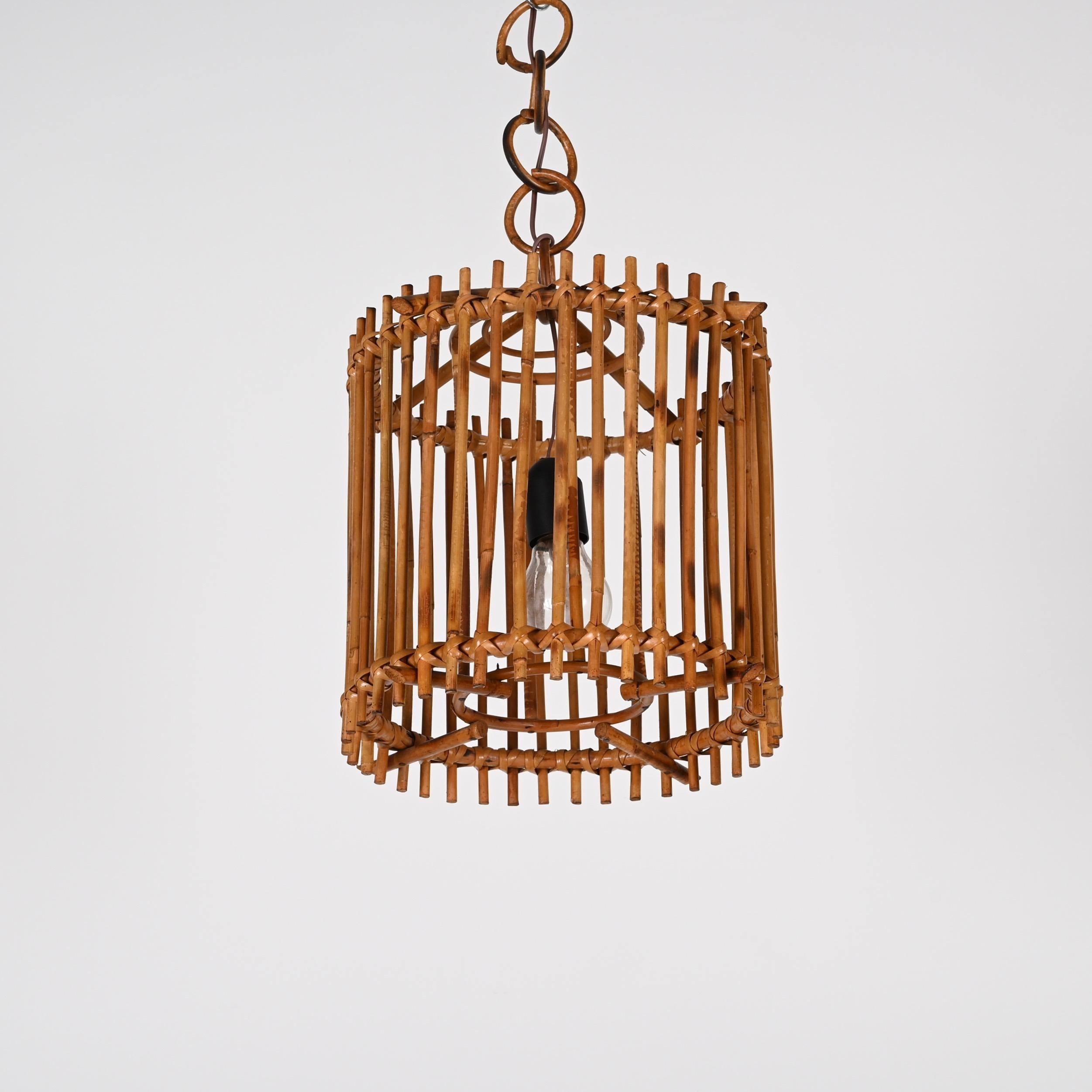 Mid-Century Louis Sognot Bamboo Cane and Rattan French Round Chandelier, 1960s For Sale 1