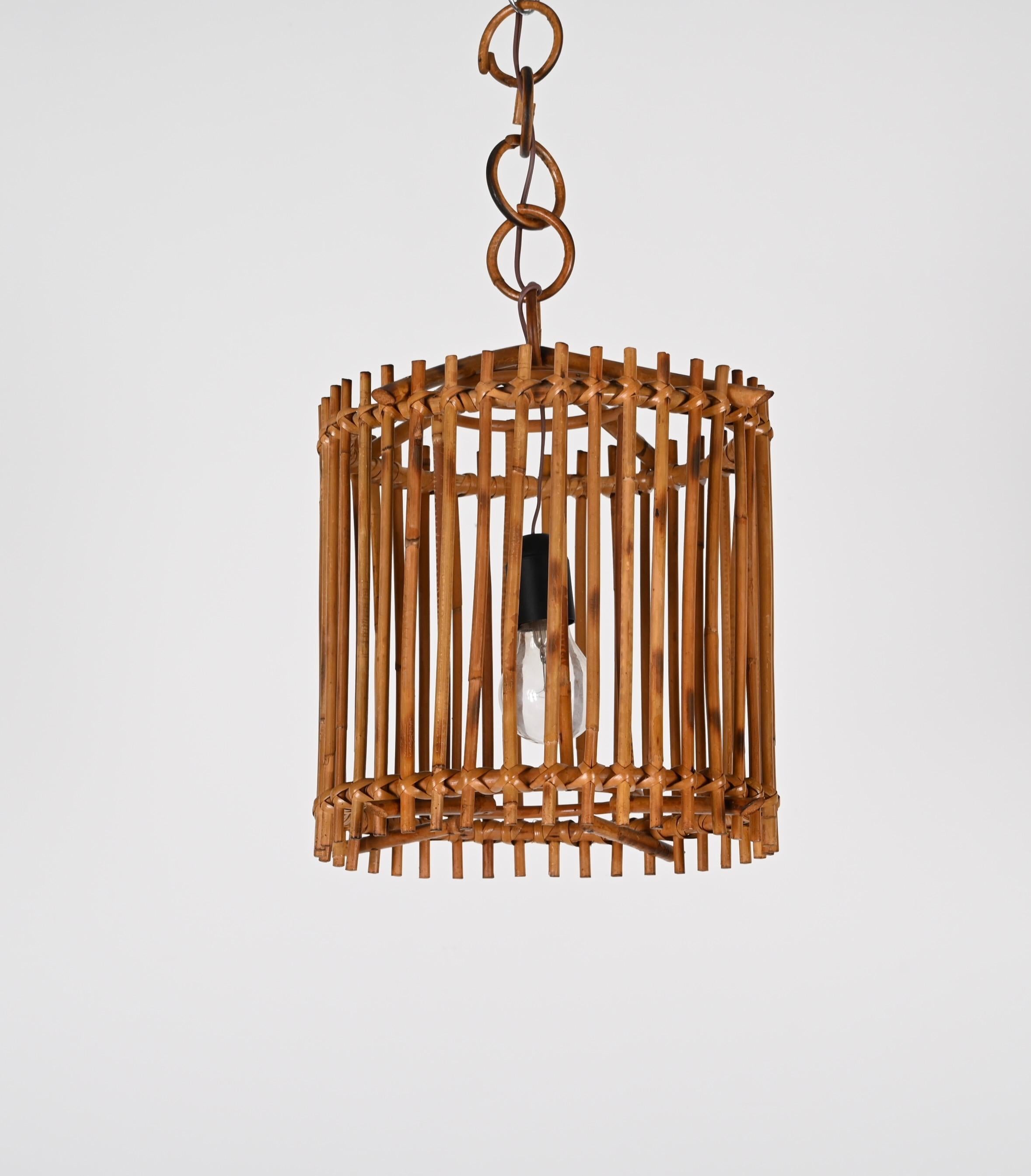 Mid-Century Louis Sognot Bamboo Cane and Rattan French Round Chandelier, 1960s For Sale 3