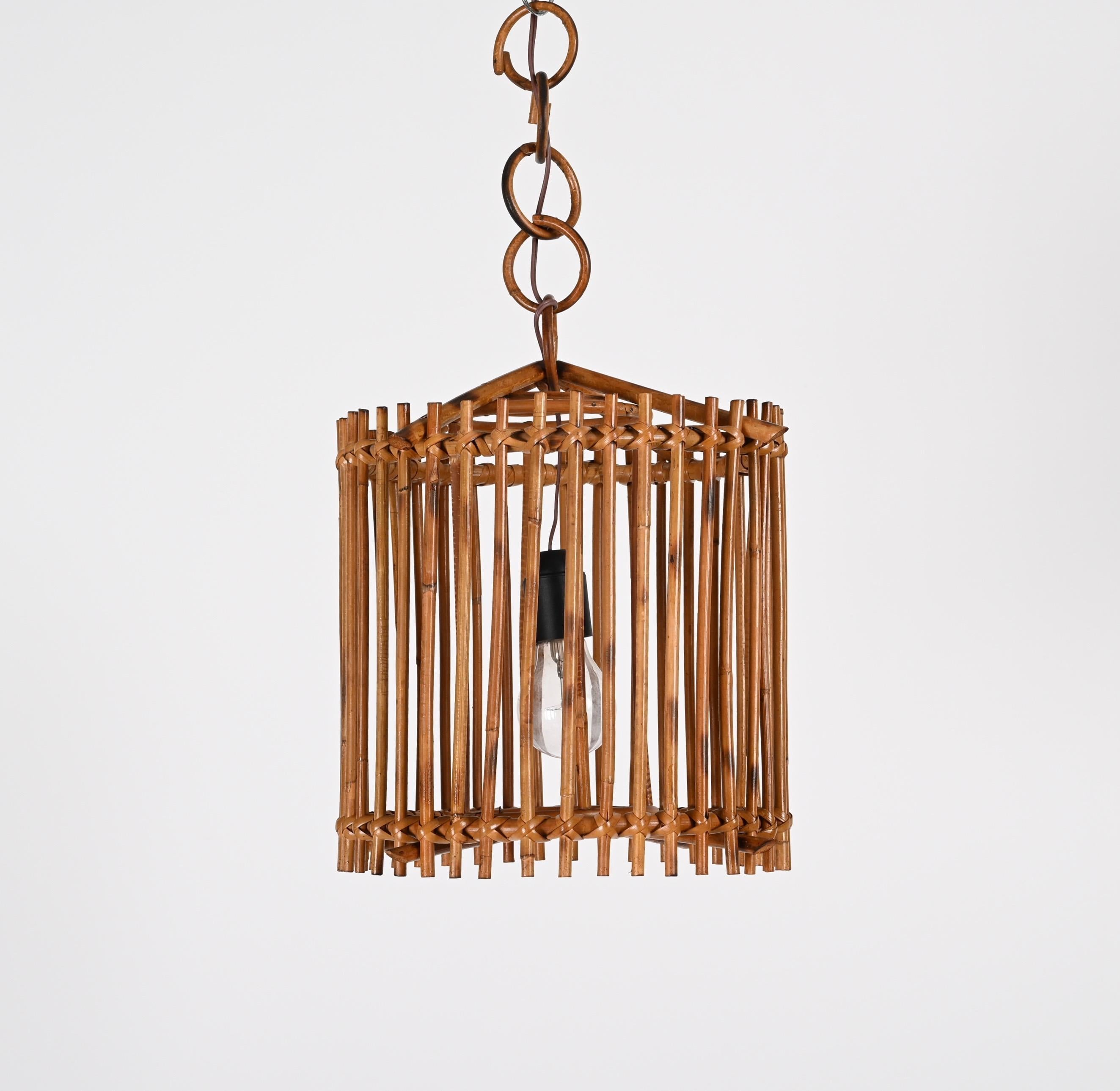 Mid-Century Louis Sognot Bamboo Cane and Rattan French Round Chandelier, 1960s For Sale 4