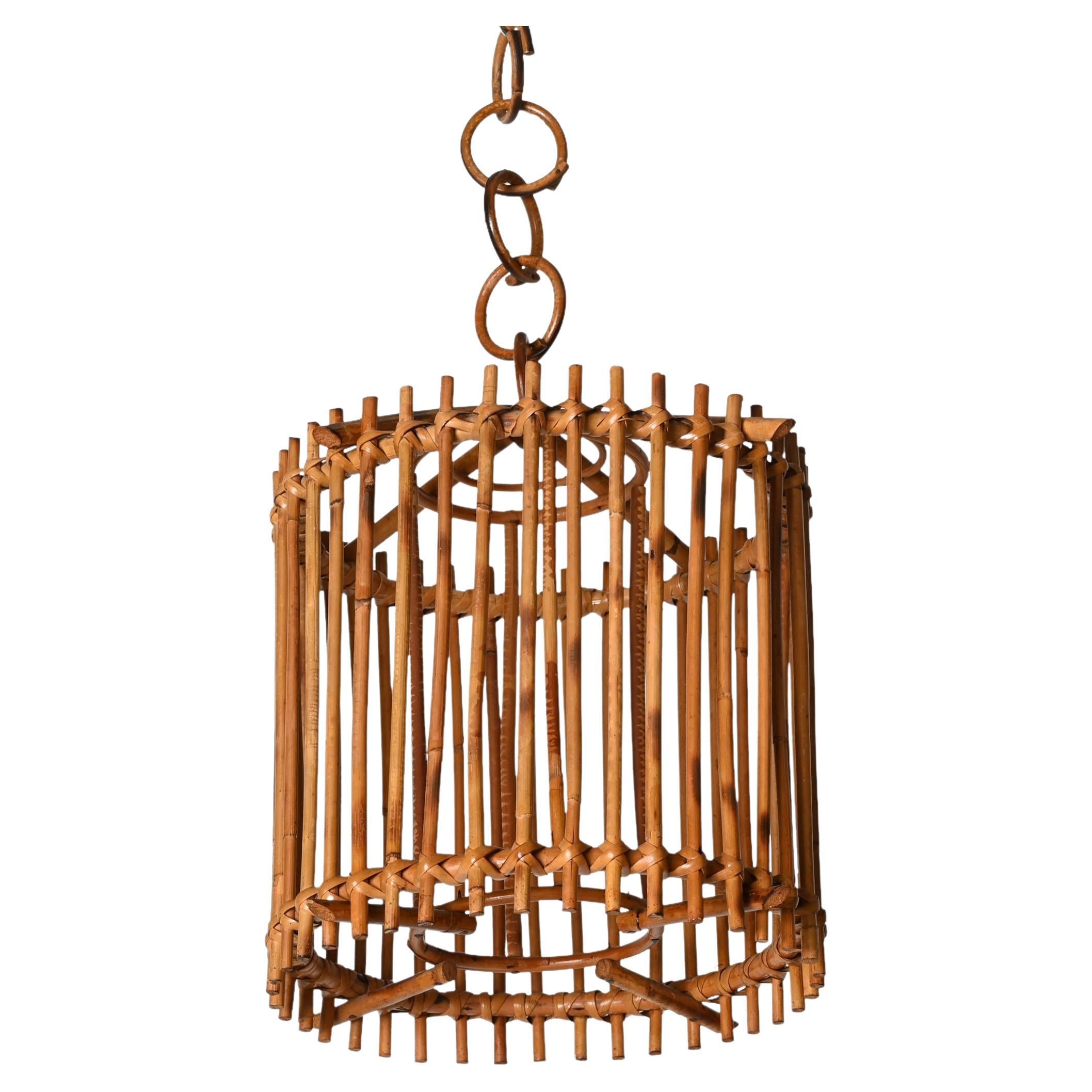 Mid-Century Louis Sognot Bamboo Cane and Rattan French Round Chandelier, 1960s