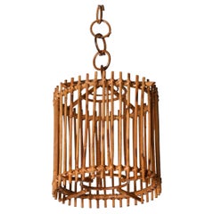 Mid-Century Louis Sognot Bamboo Cane and Rattan French Round Chandelier, 1960s