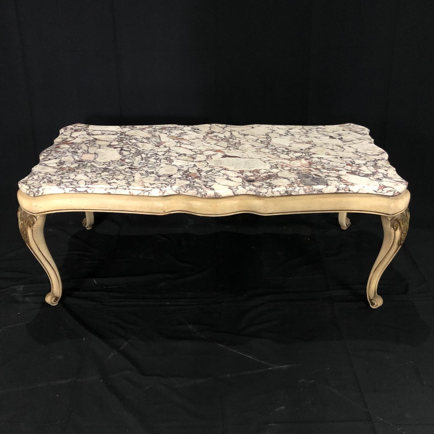 Midcentury Louis XV Style Coffee Table with Stunning Marble Top In Good Condition In Hopewell, NJ