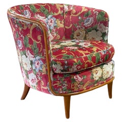 Midcentury Lounge Arm Chair After TH Robsjohn Gibbings in Floral Pink Velvet
