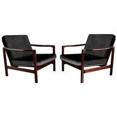 Midcentury Lounge Armchairs Set in Black Velvet, Zenon Bączyk, 1960s