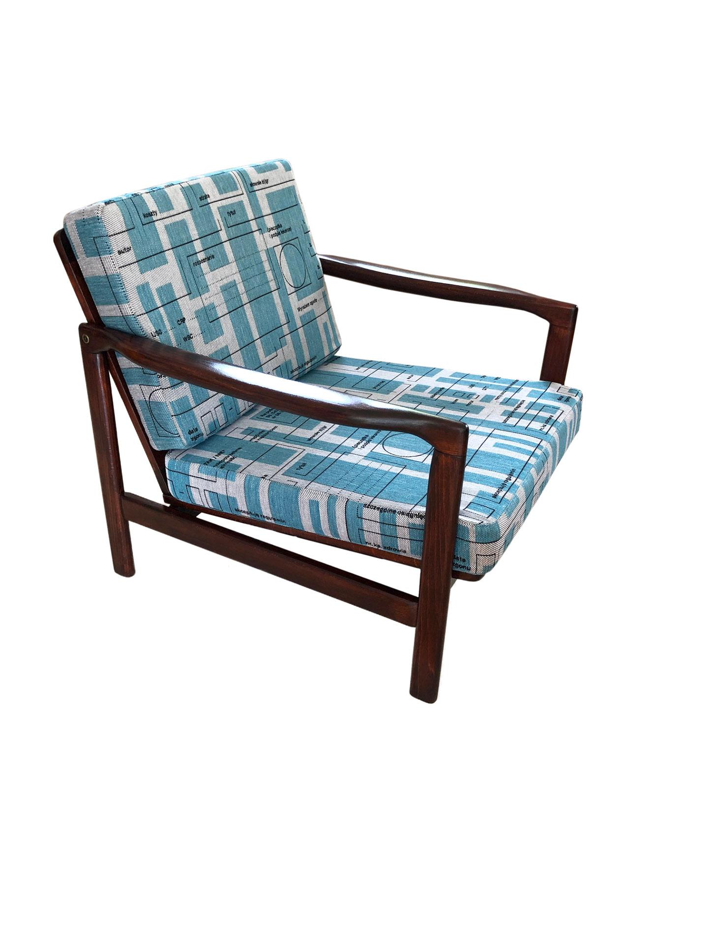 Mid-Century Modern Midcentury Lounge Armchairs Set in Blue Jacquard, Zenon Bączyk, 1960s For Sale
