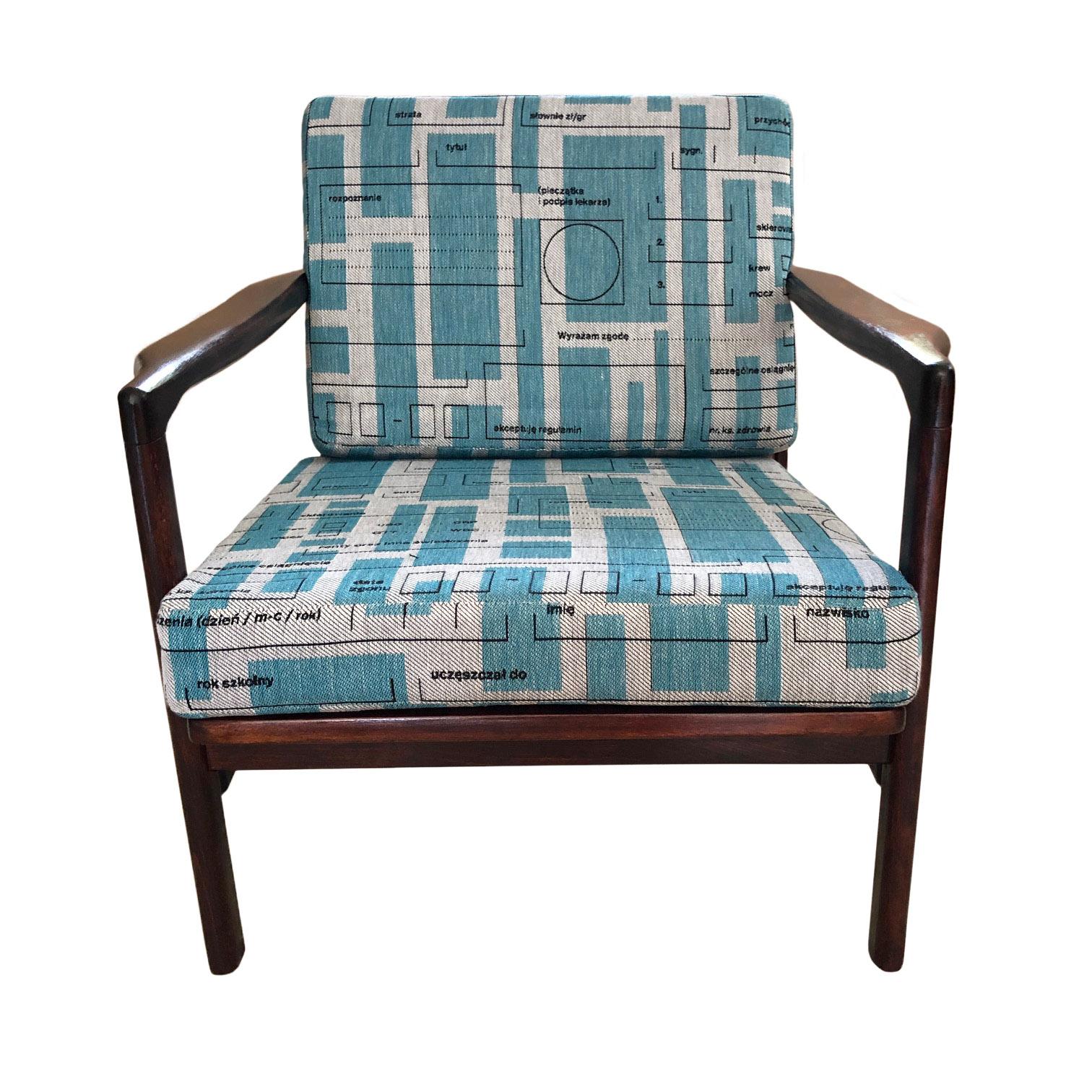 Polish Midcentury Lounge Armchairs Set in Blue Jacquard, Zenon Bączyk, 1960s For Sale