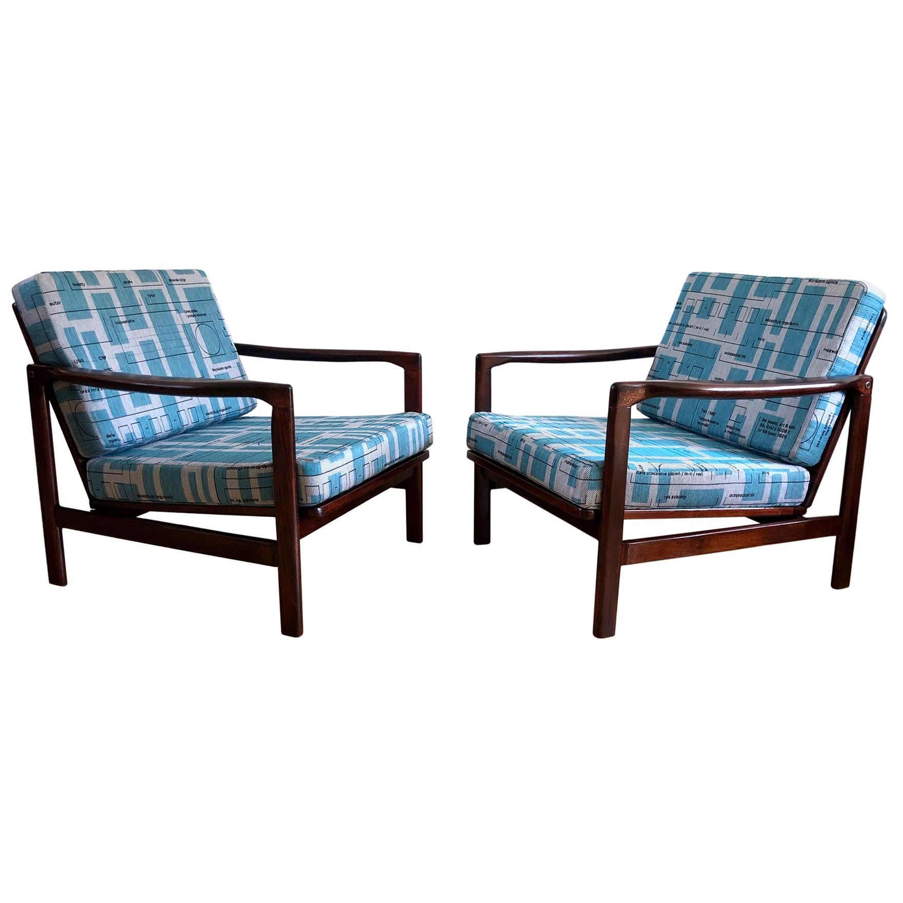 Midcentury Lounge Armchairs Set in Blue Jacquard, Zenon Bączyk, 1960s For Sale
