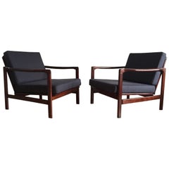 Midcentury Lounge Armchairs Set in Dark Blue Linen, Zenon Bączyk, 1960s
